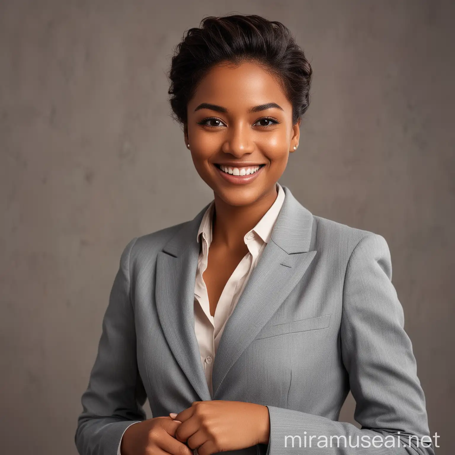 Smiling Professional Woman in Grey Suit with Brown Skin