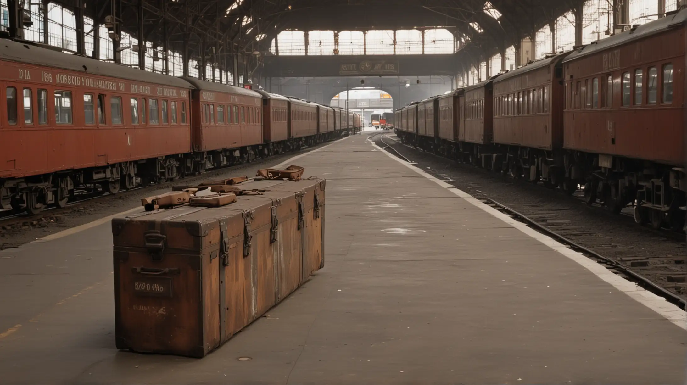 Train Station Hall with Trains in Distance and Vintage Trunks with Key