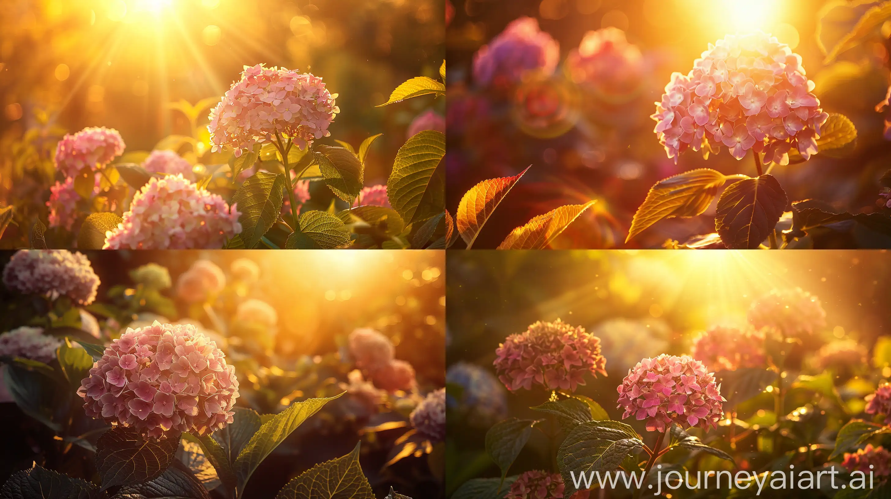 High detailed photo capturing a Hydrangea, Masja. The sun, casting a warm, golden glow, bathes the scene in a serene ambiance, illuminating the intricate details of each element. The composition centers on a Hydrangea, Masja. This vivid little hydrangea makes a big impression, all while staying compact for the smallest of garden spaces. Produces armfuls of ball-shaped, pink-toned blooms against dark green, glossy leaves. Hardy, reliable and easy to grow.. The image evokes a sense of tranquility and natural beauty, inviting viewers to immerse themselves in the splendor of the landscape. --ar 16:9 