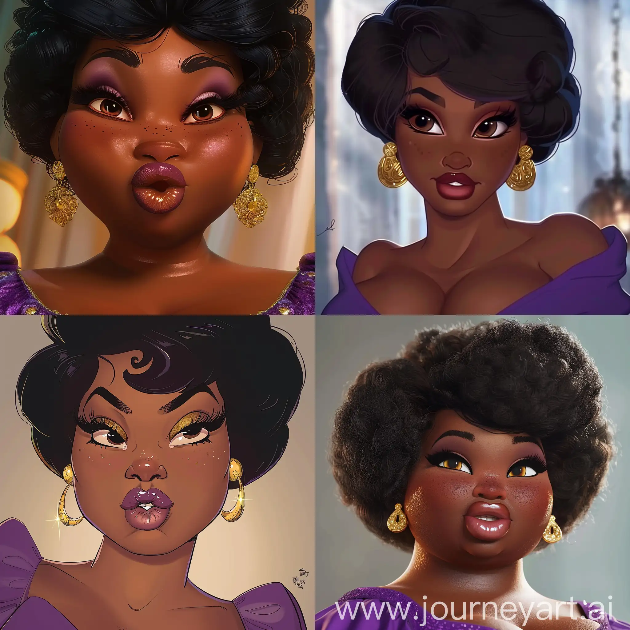 a fat black woman with short afro hair wearing gold earrings,  her lips are big, and wears a purple in disney 90s style cartoon