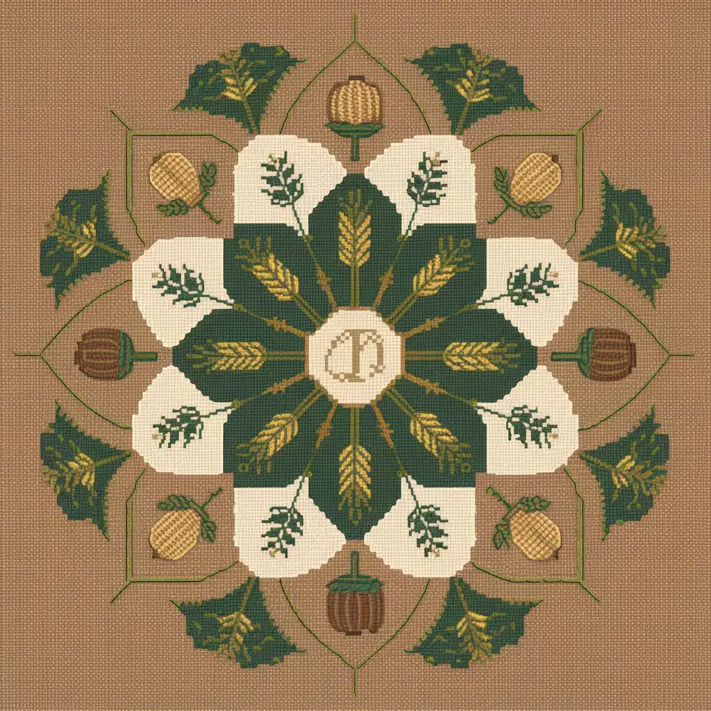 Simple flat victorian cross stitch in tan and green on cream background, large eight-pointed rosette comprised of small harvest icons and crescents