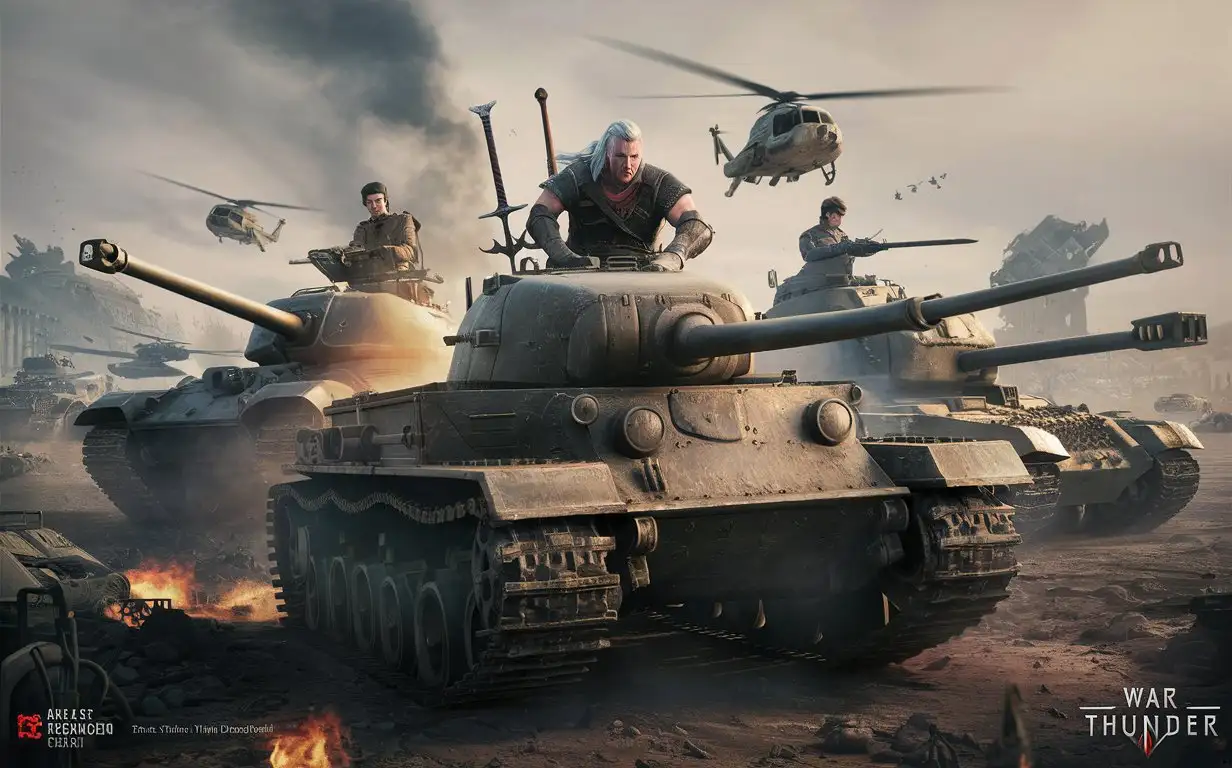 Geralt and his friends drive tanks in the game War Thunder