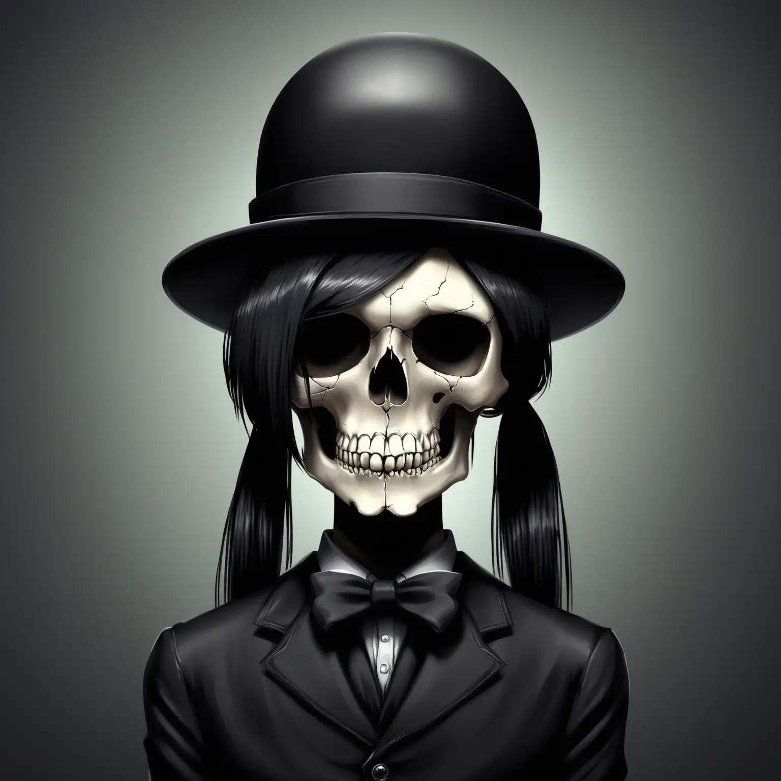 skull head with black hair in pony tails with black bowler hat