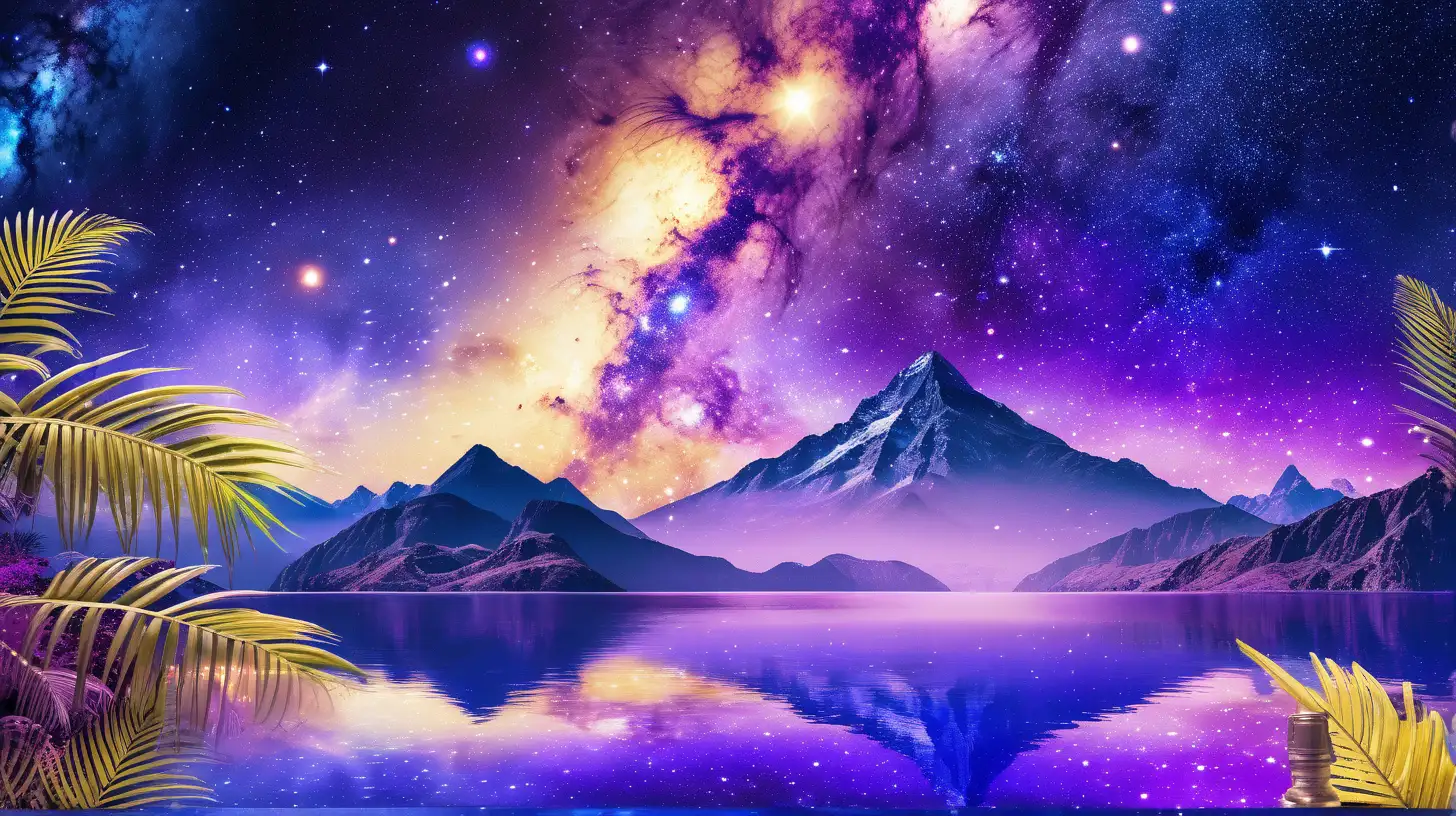 Yellow and Blue Ocean with palm leaves on top and a purple galaxy background and mountains