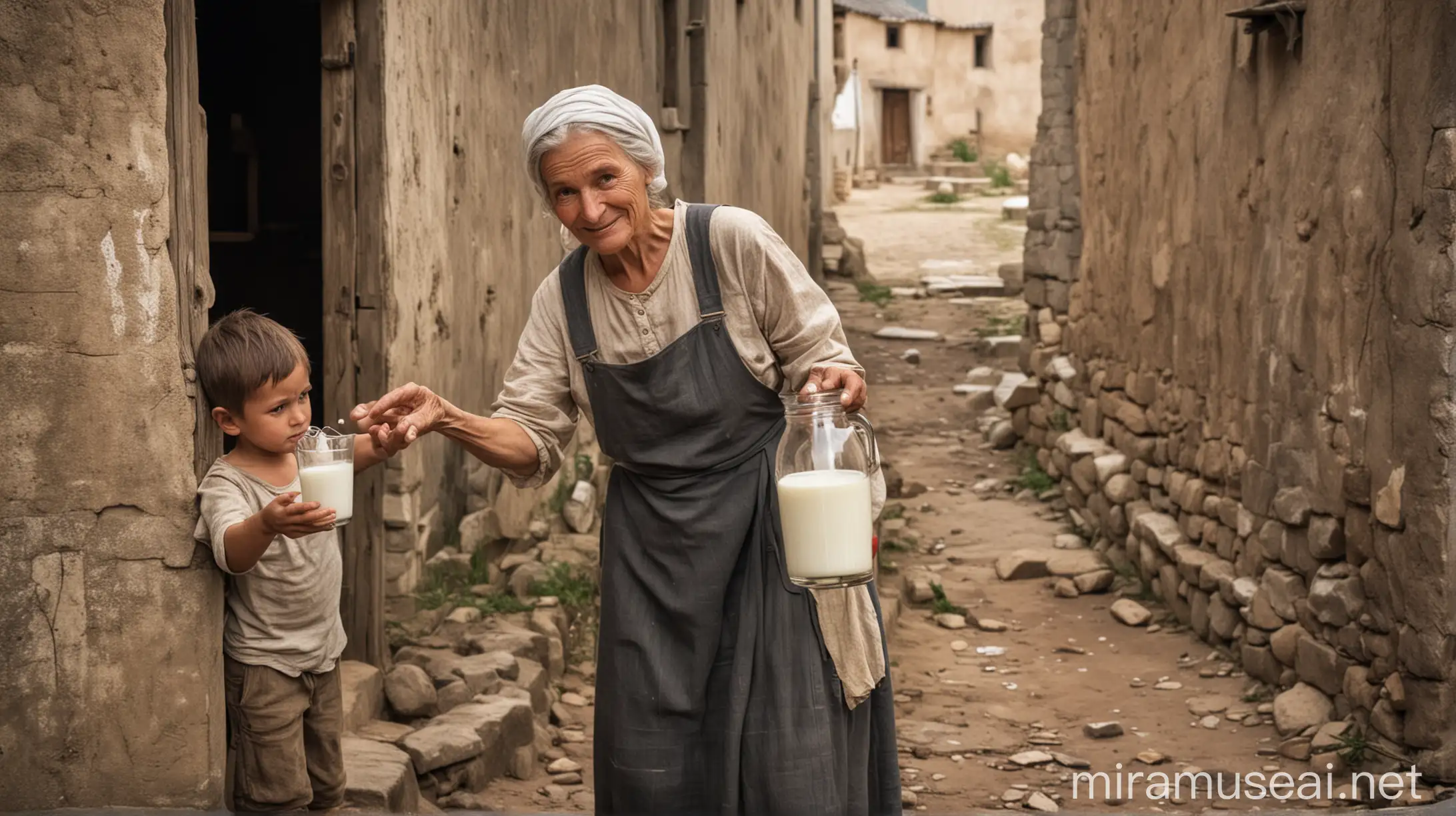 Kind Woman Offering Milk to Needy Boy in Old Village