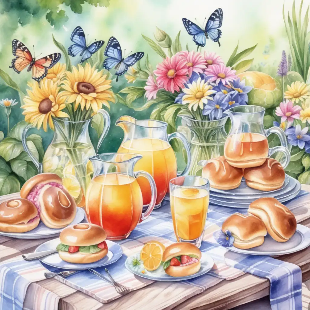 Ett bord i en sommar trädgård, på bordet står en kanna med saft, glas med sugrör i, bullar på ett fat, blommor i en vas, en fjäril flyger , I vattenfärg 