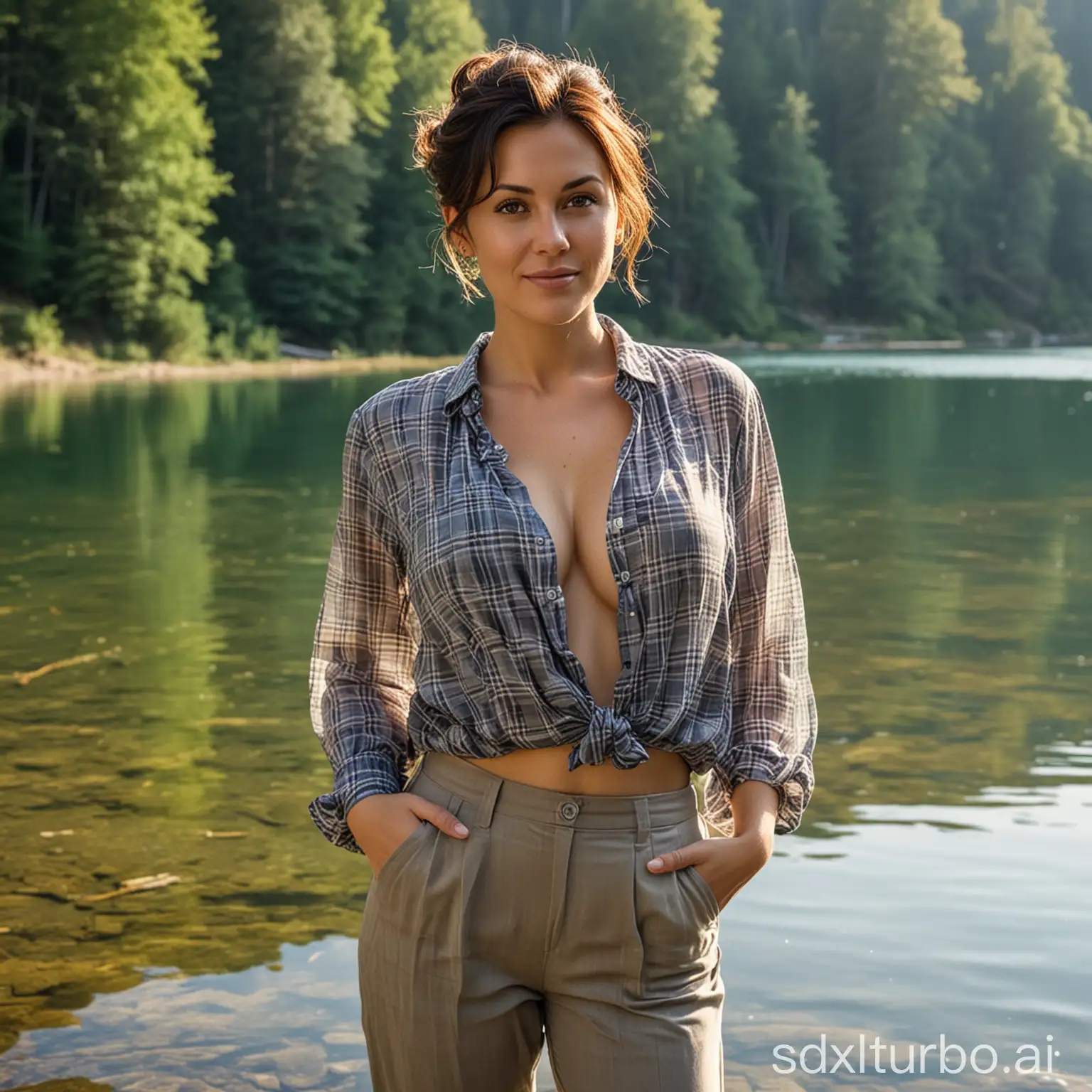 Slightly curvy  woman , 38 years old, short hair, messy bun, translucent checked blouse,  presenting her nice (breasts:1.2),  Trouser open, long necklace, earrings she ist standing in a sunny lake in the high Mountain