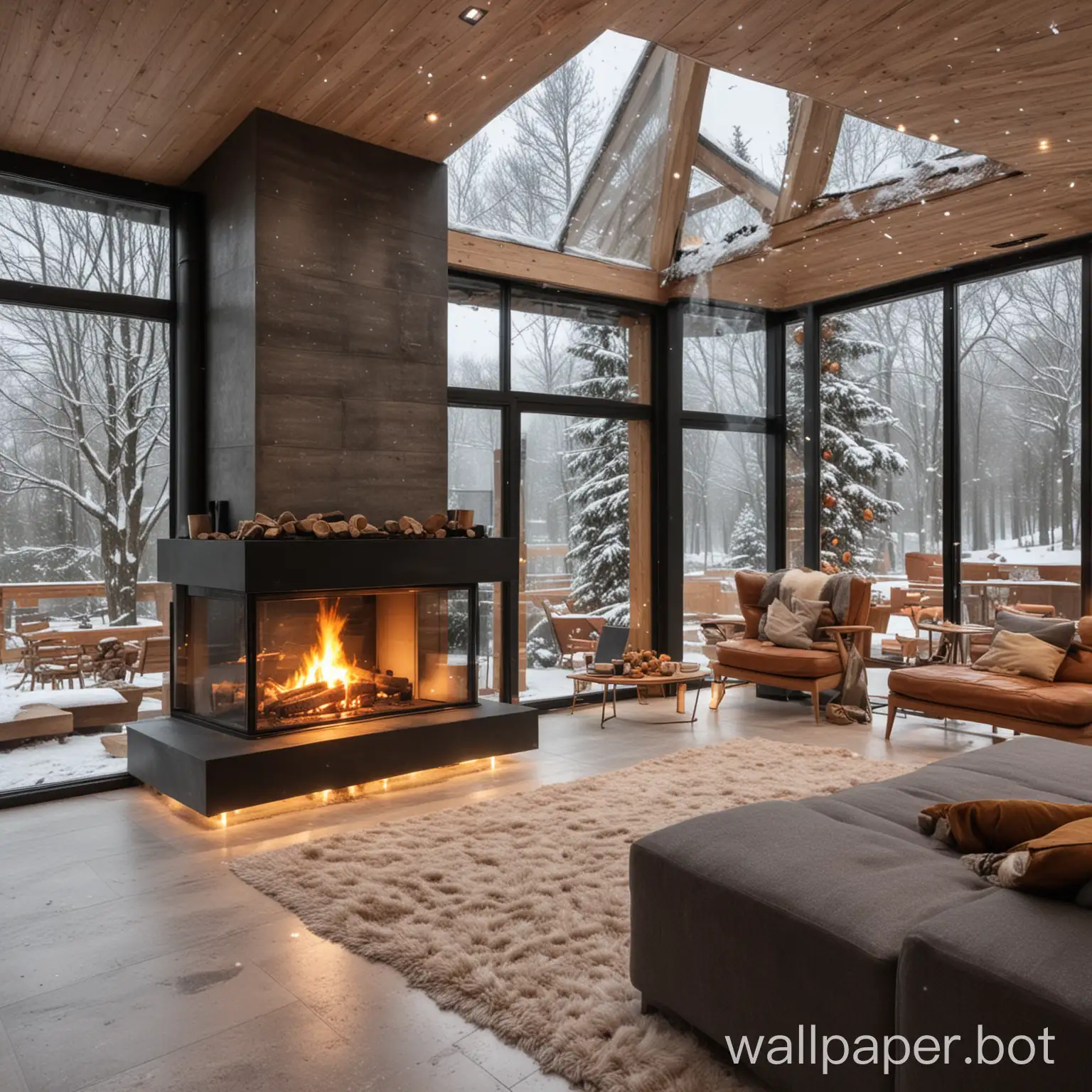 a house with a fireplace, modern design, glass wall and ceiling, snowing outside, christmas

