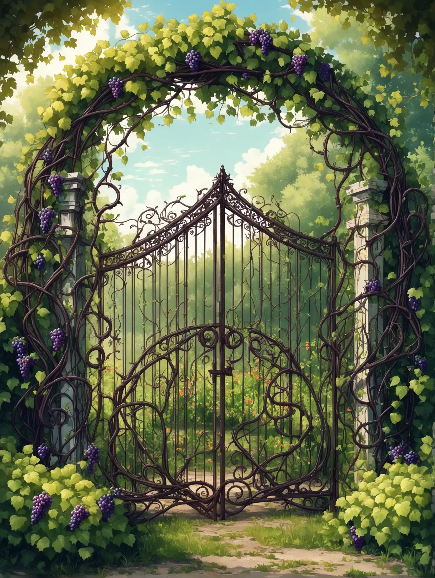 Кованная ажурная калитка в заброшенный сад, увитые цветами и виноградной лозой, по обе стороны высокие заросли кустов