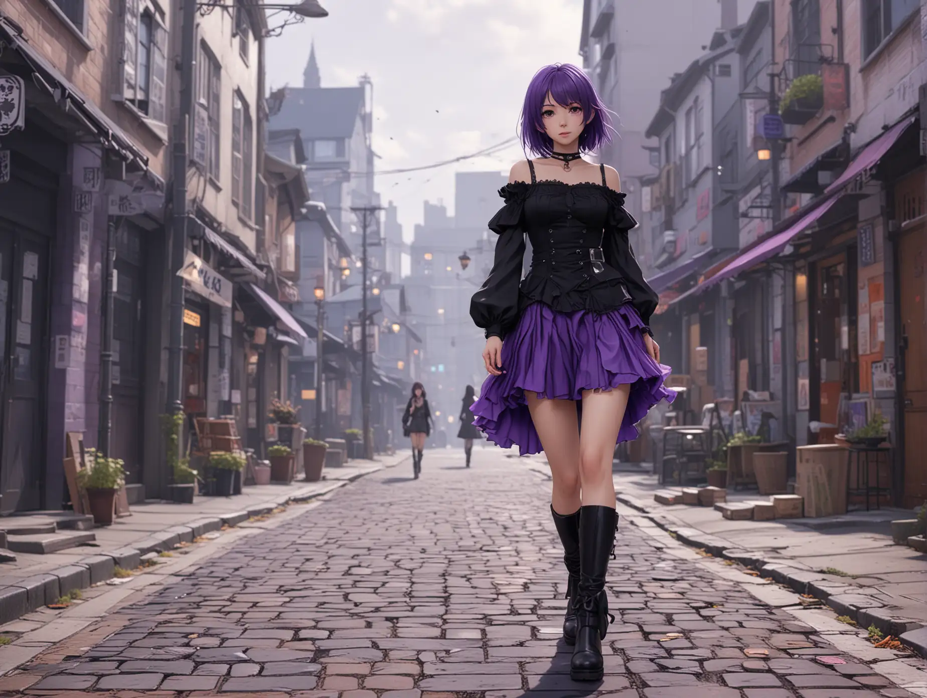 wearing a purple skirt and black boots walking on the street of anime style 4 k, 4k anime wallpaper, anime wallpaper4k, anime wallpaper4k, anime art tabletop4k, anime art wallpaper 4 k, anime art wallpaper 8 k, wearing a black dress anime girl, anime style. 8K, her gothic city street behind