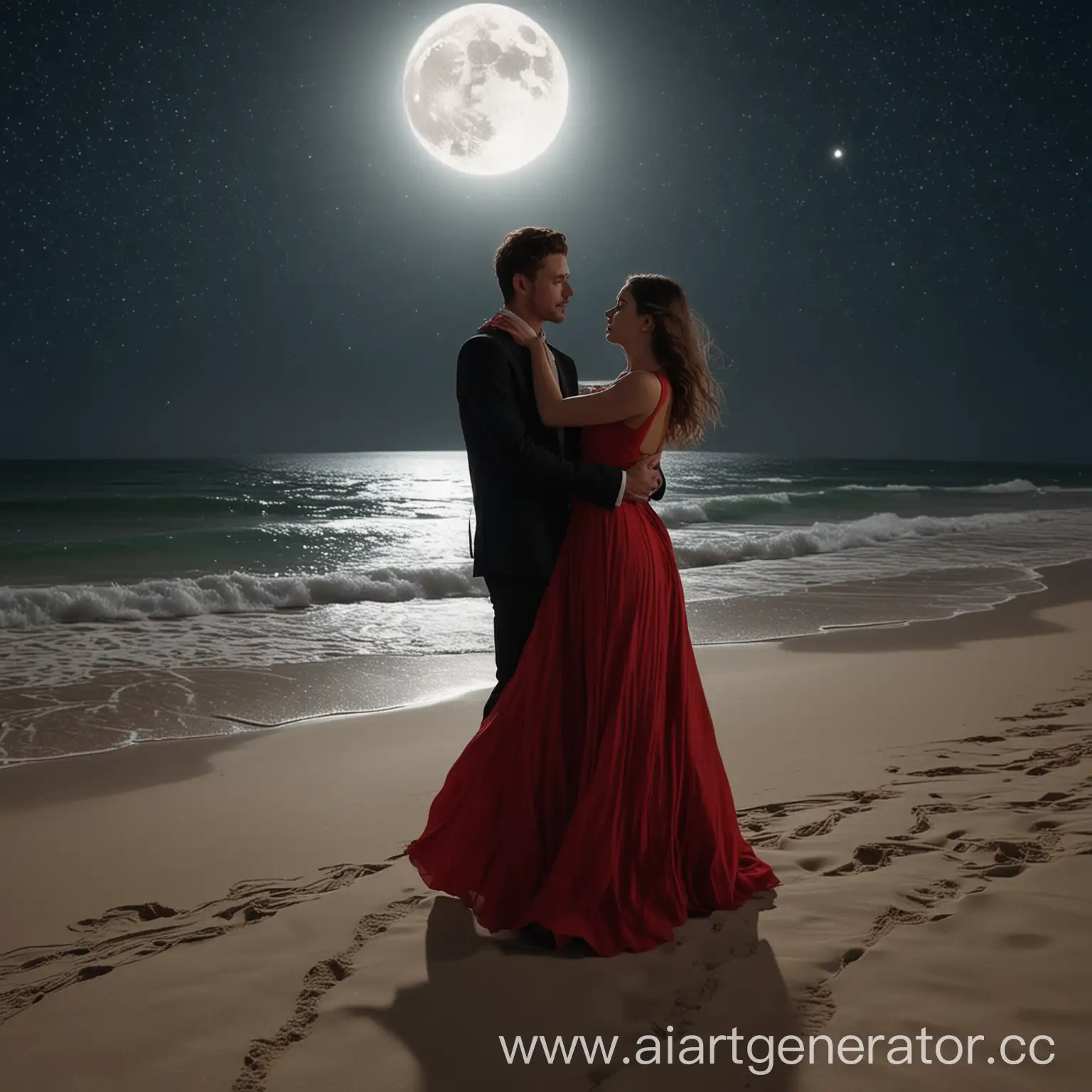 starry night, moon, sandy beach, a girl in a red long dress dancing with a guy, a guy in a black suit 4k.