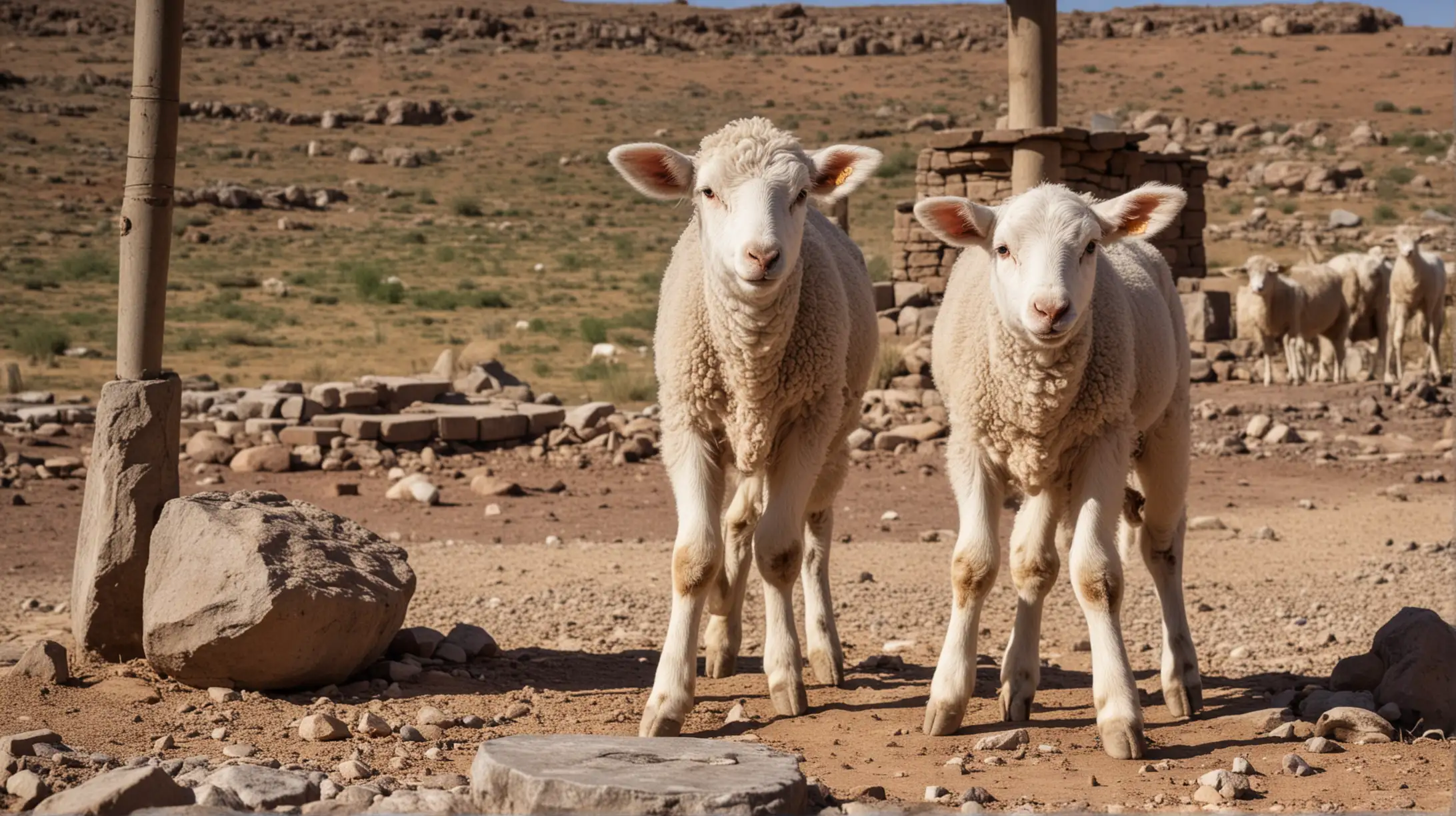 A close up of a calf and a lamb, in a desert location,  with a  stone sacrificial altar in the background.