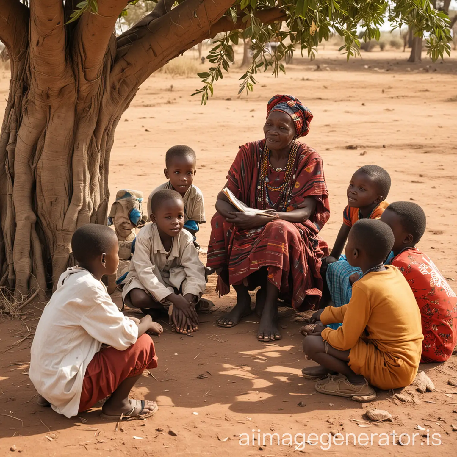 an old african woman under a tree talking to children who are sitting on the floor