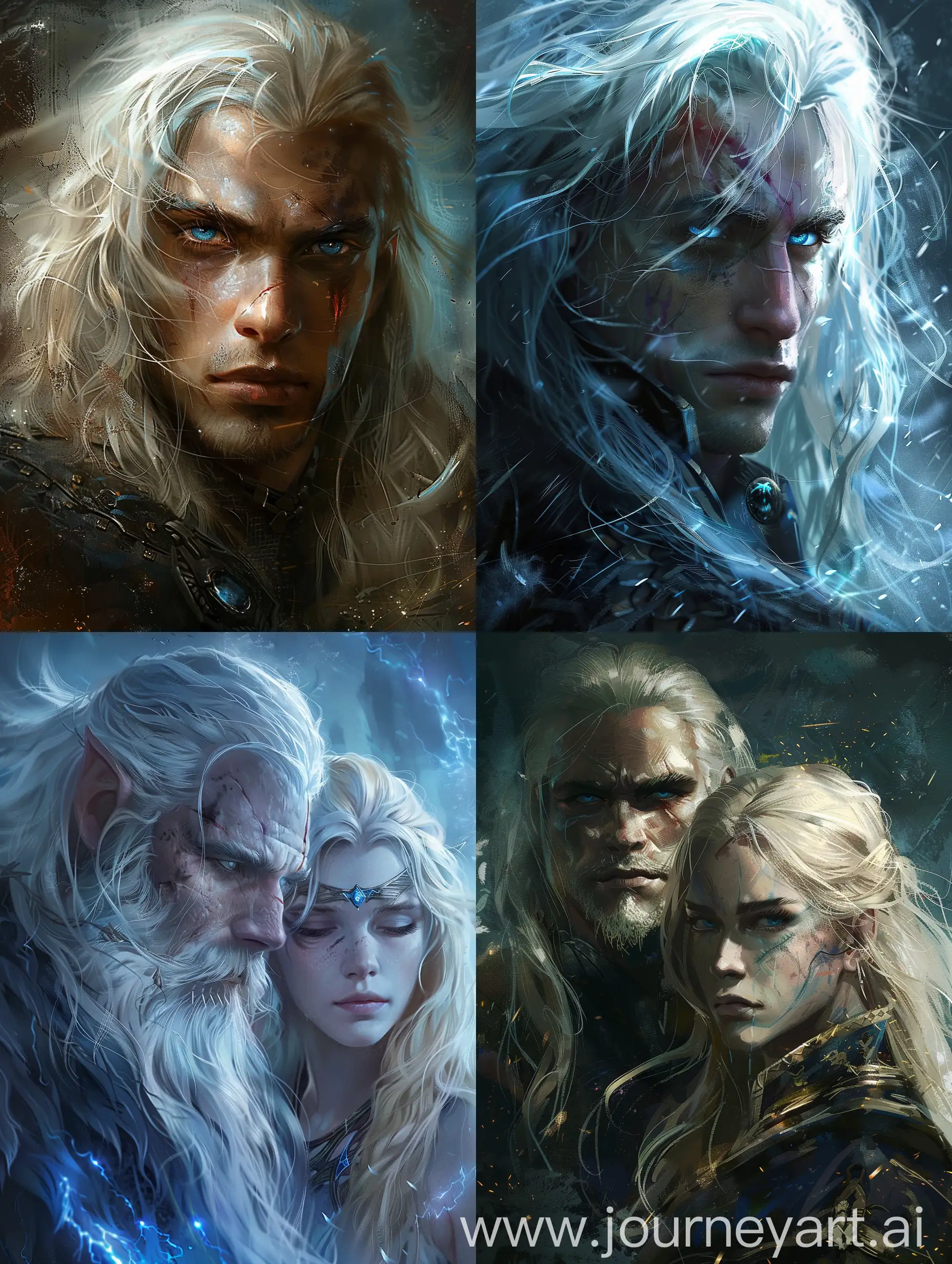 Fantasy-Art-Thunder-Lord-with-White-Hair-and-Scarred-Face-with-Blonde-Girl