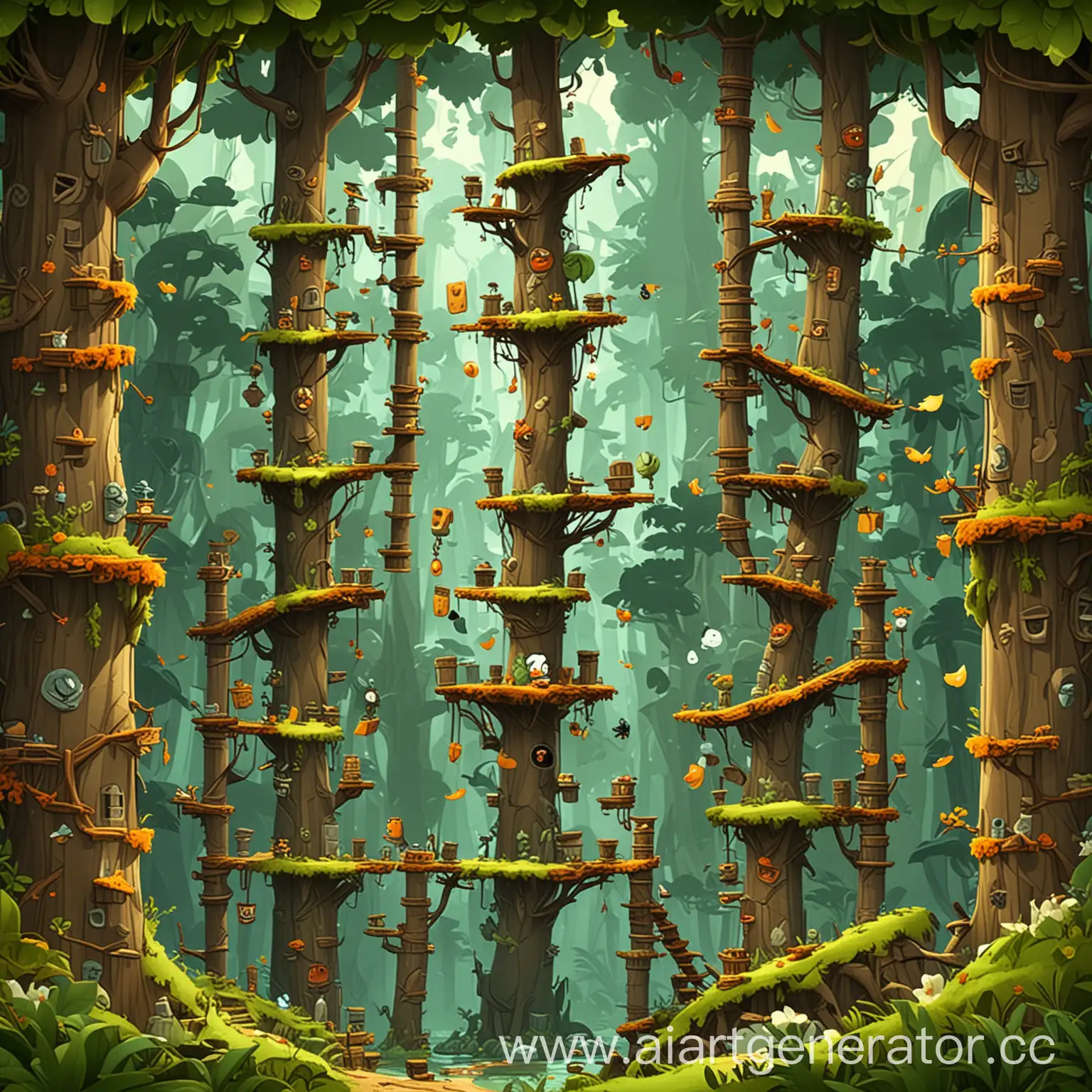уровни игры, где красивый мультяшный лес в стиле angry birds, но без самих птиц