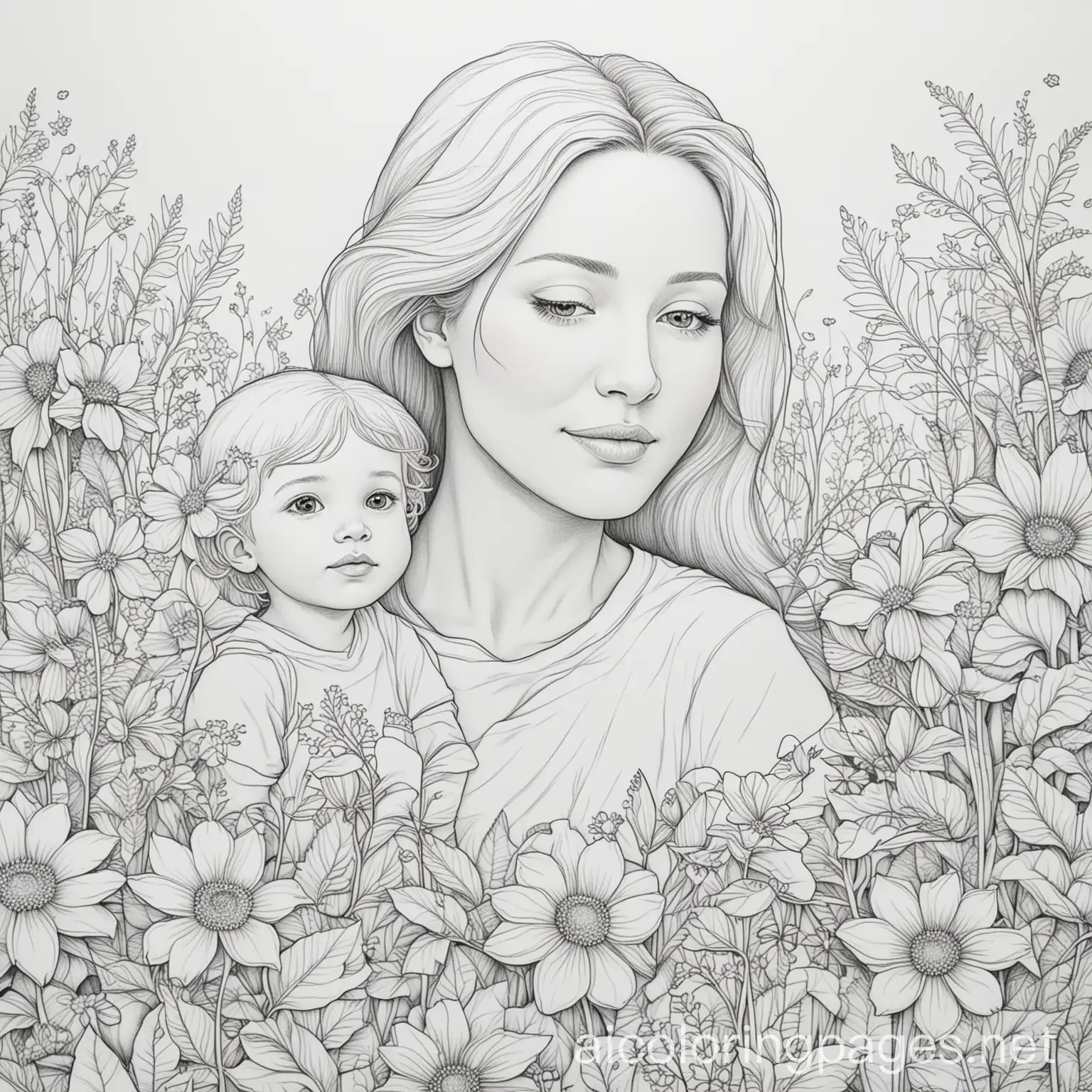 a mother and a child sorounded by flowers
, Coloring Page, black and white, line art, white background, Simplicity, Ample White Space. The background of the coloring page is plain white to make it easy for young children to color within the lines. The outlines of all the subjects are easy to distinguish, making it simple for kids to color without too much difficulty