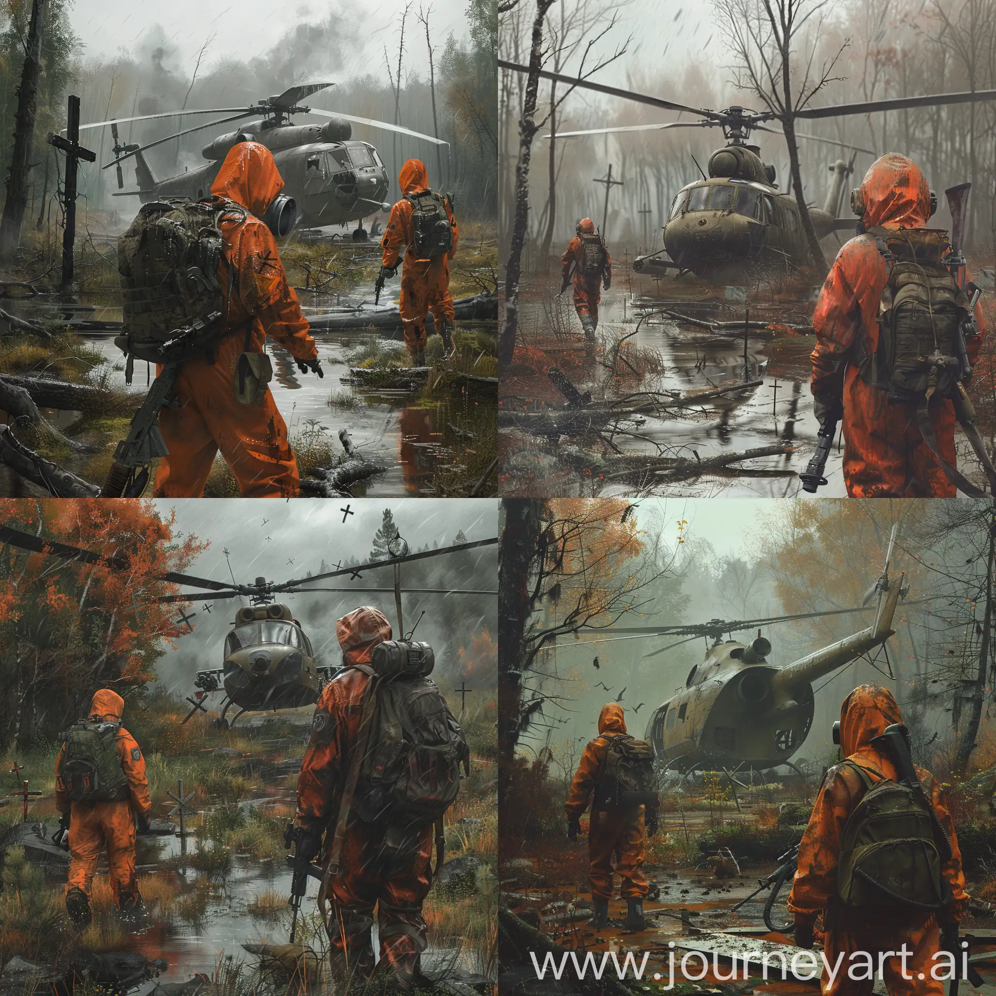 Anandoned soviet radiation swamp, crosses are everywhere, a tree has swallowed up a destroyed military helicopter, two stalkers are making their way to the helicopter, one is wearing an orange chemical protective jumpsuit with a gasmask, the other is wearing a dark leather raincoat in front, he has a backpack on his back, gasmask on the face and a sniper rifle in his hand, the weather is gloomy autumn.