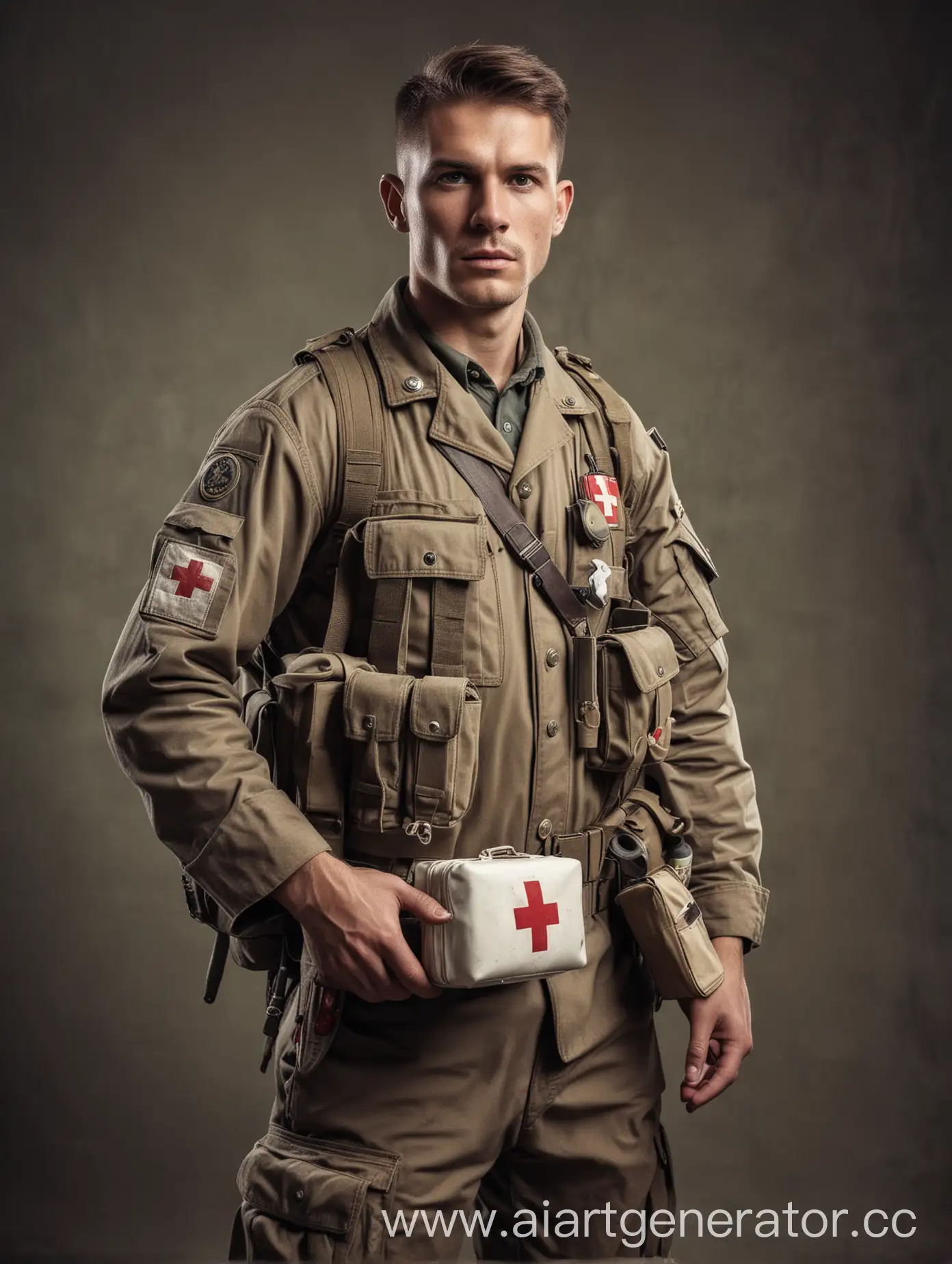 Солдат медик, на фоне войны, с аптечкой в руках