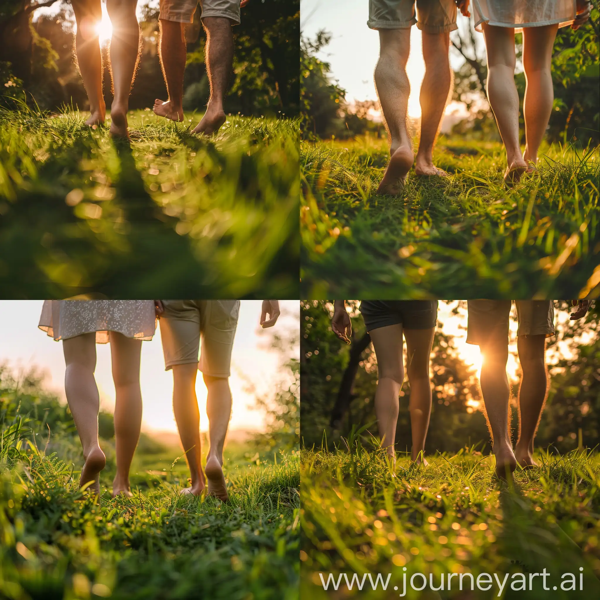 A couple walking barefoot on a lush, green meadow during sunset, engaging in grounding techniques. The soft, golden light bathes the scene, highlighting the natural textures of the grass and the couple's relaxed, content expressions. DSLR shot, 16K resolution, super detailed and accurate, showcasing the benefits of barefoot walking and grounding.