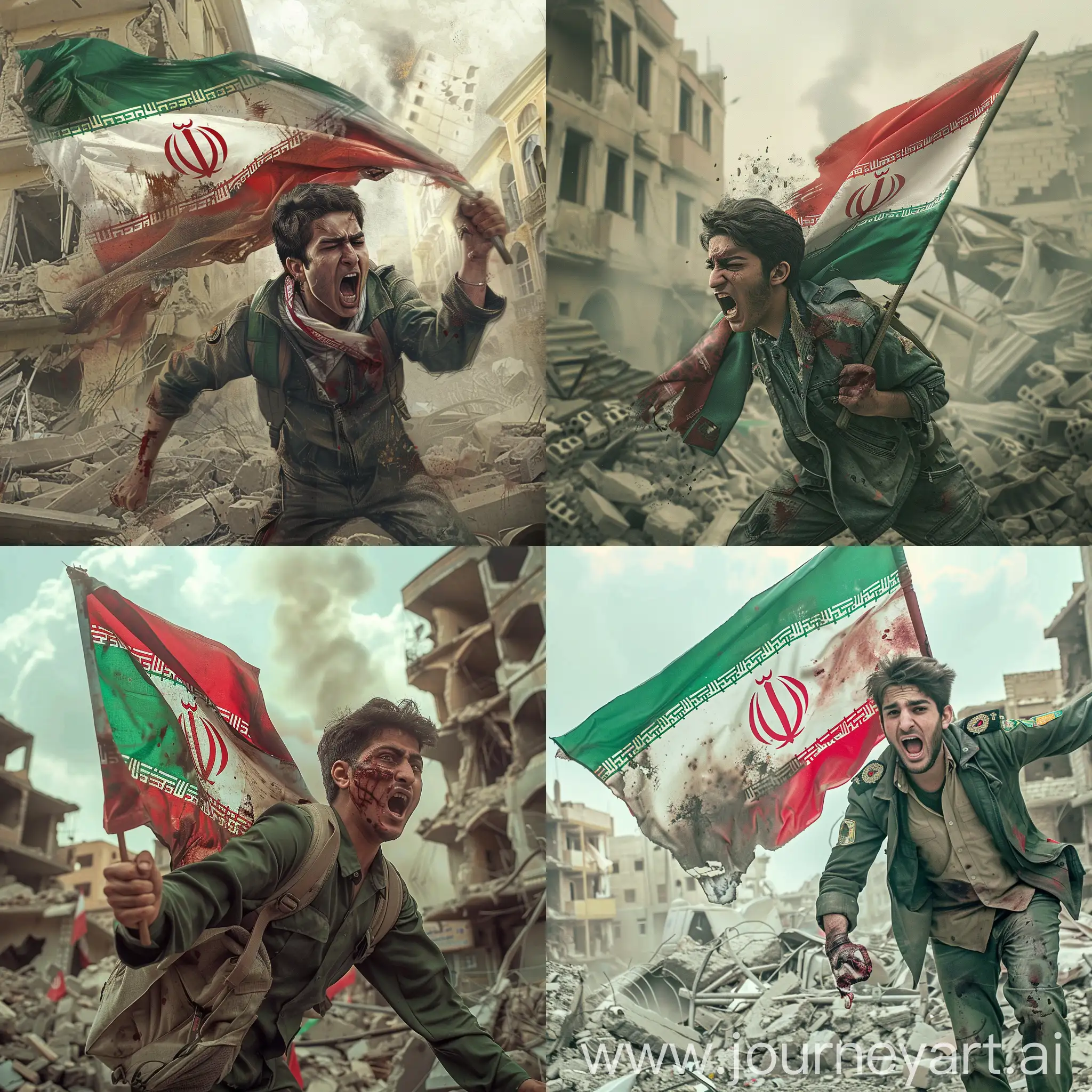 Make me an epic picture with details I say: put a young Iranian man in the middle of a ruined city, holding the flag of the Islamic Republic of Iran and screaming while wounded and bruised.