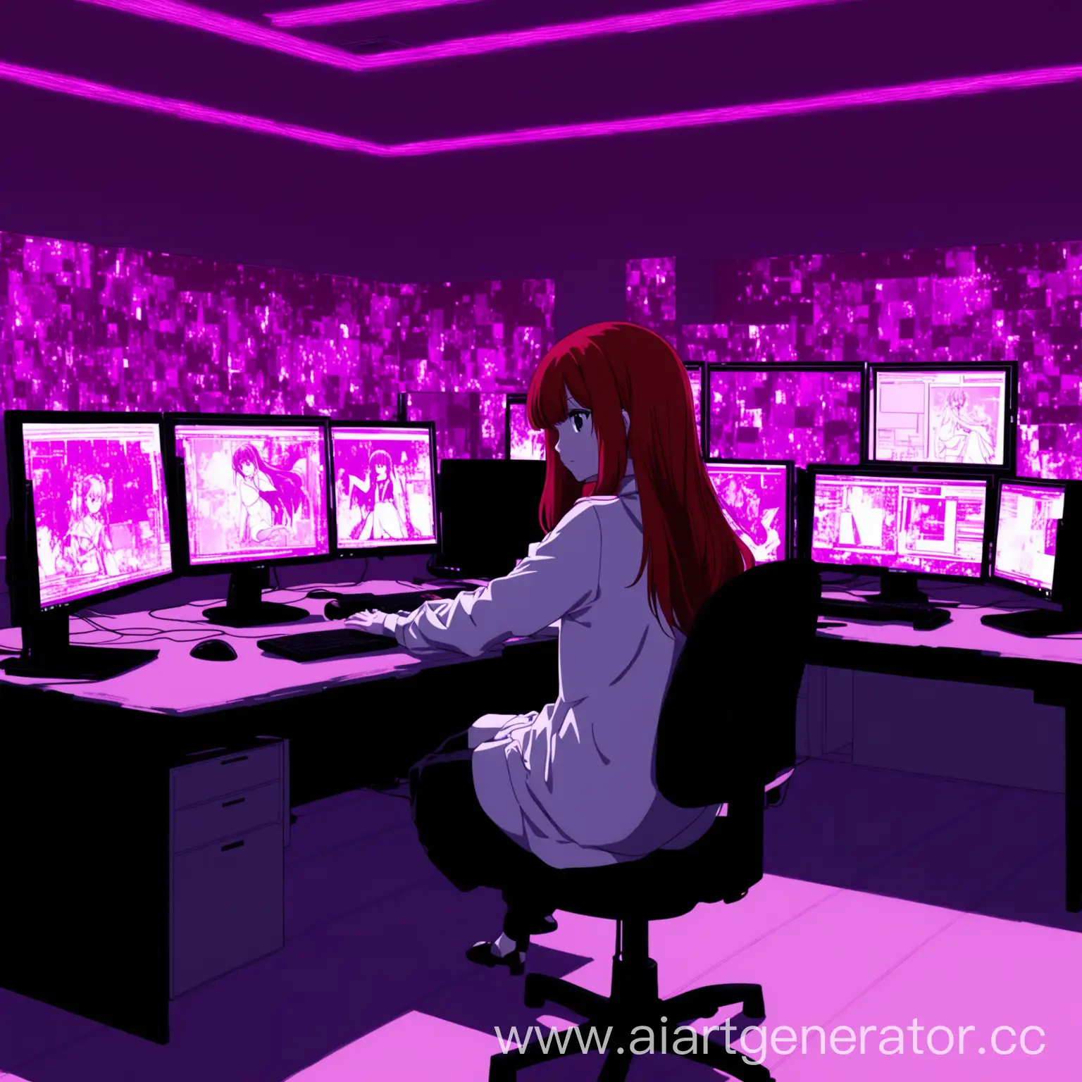 RedHaired-Girl-Working-at-Computer-in-PurpleMagenta-Room