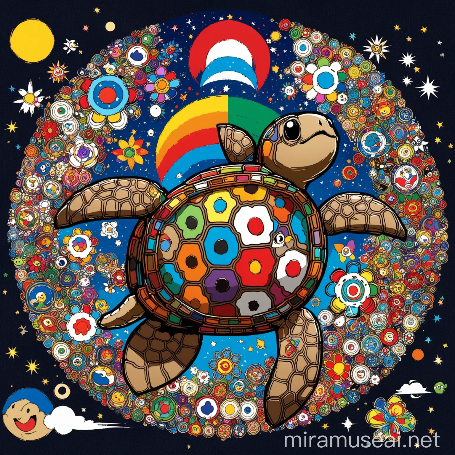 Imagine a logo inspired by Takashi Murakami's style, featuring a charismatic turtle amidst the celestial and floral elements. The turtle, depicted with bold lines and vibrant colors, adds a playful yet masculine touch to the design. This fusion of cosmic motifs and Murakami's iconic characters creates a captivating and distinctive logo that would be perfect for leather goods, denim, and shoes, infusing them with both style and personality.