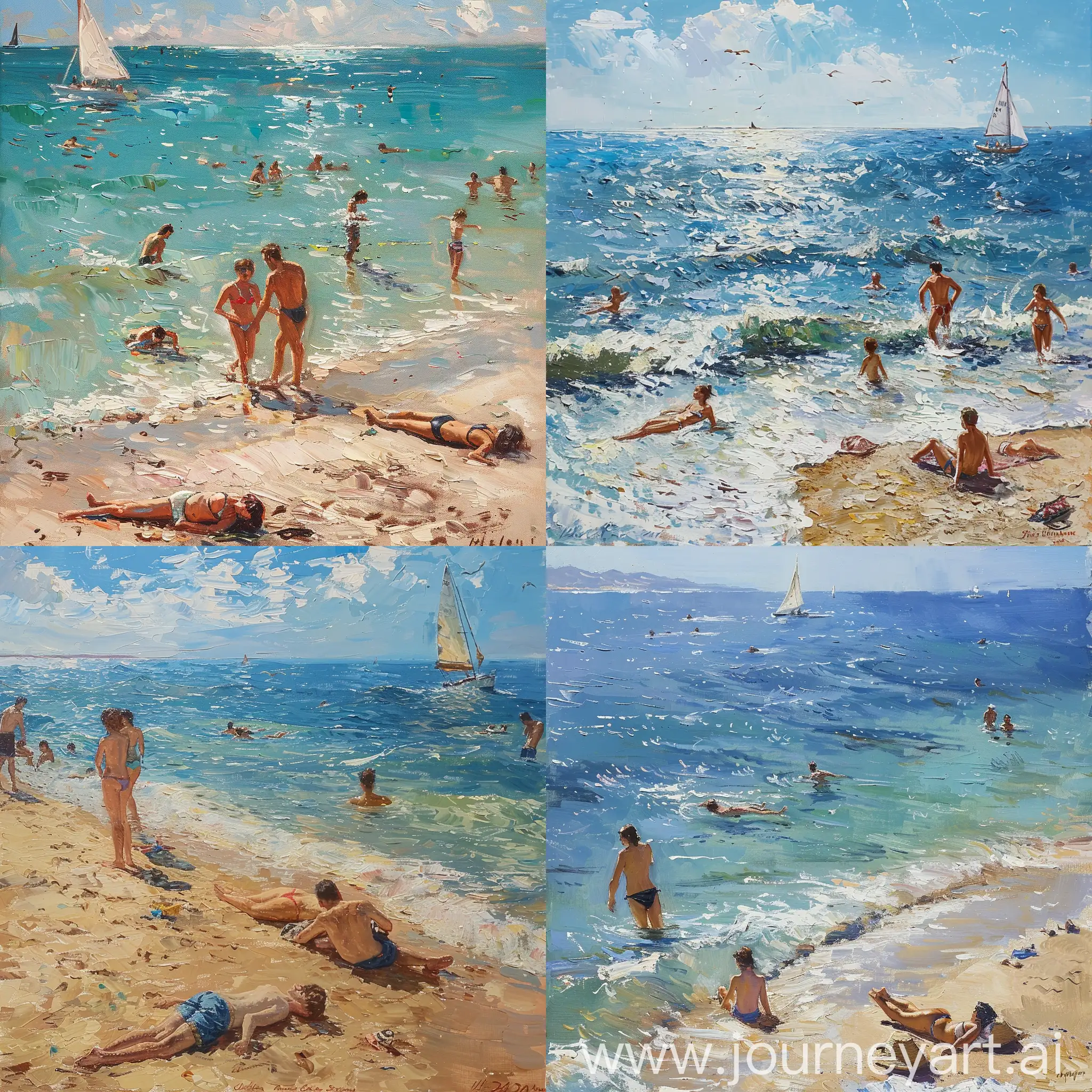 Oil painting, sea, sunny day, several people are swimming in the water, a couple is lying on the sand, there are few people on the beach, a sailboat is seen in the distance in the sea, a beautiful seascape