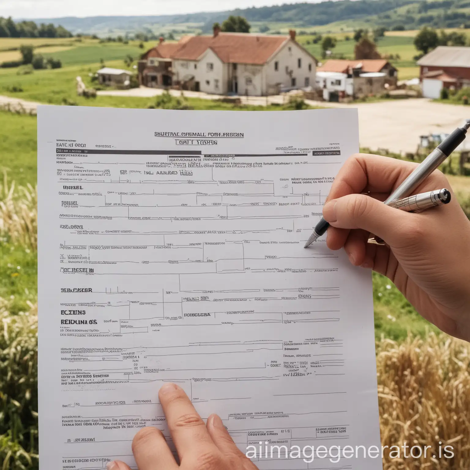 mão preenchendo formulário com imagem de  propriedade rural ao fundo