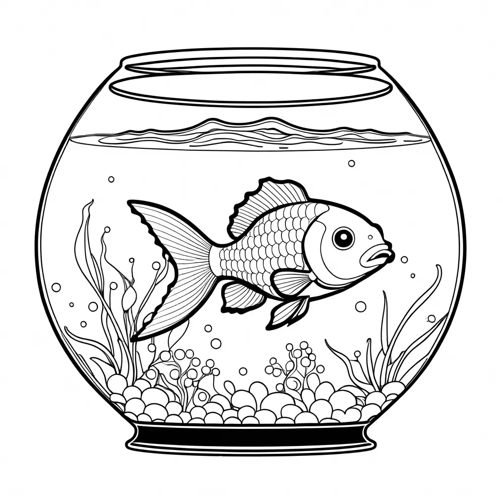 a robotic goldfish swimming in a fishbowl, Coloring Page, black and white, line art, white background, Simplicity, Ample White Space. The background of the coloring page is plain white to make it easy for young children to color within the lines. The outlines of all the subjects are easy to distinguish, making it simple for kids to color without too much difficulty