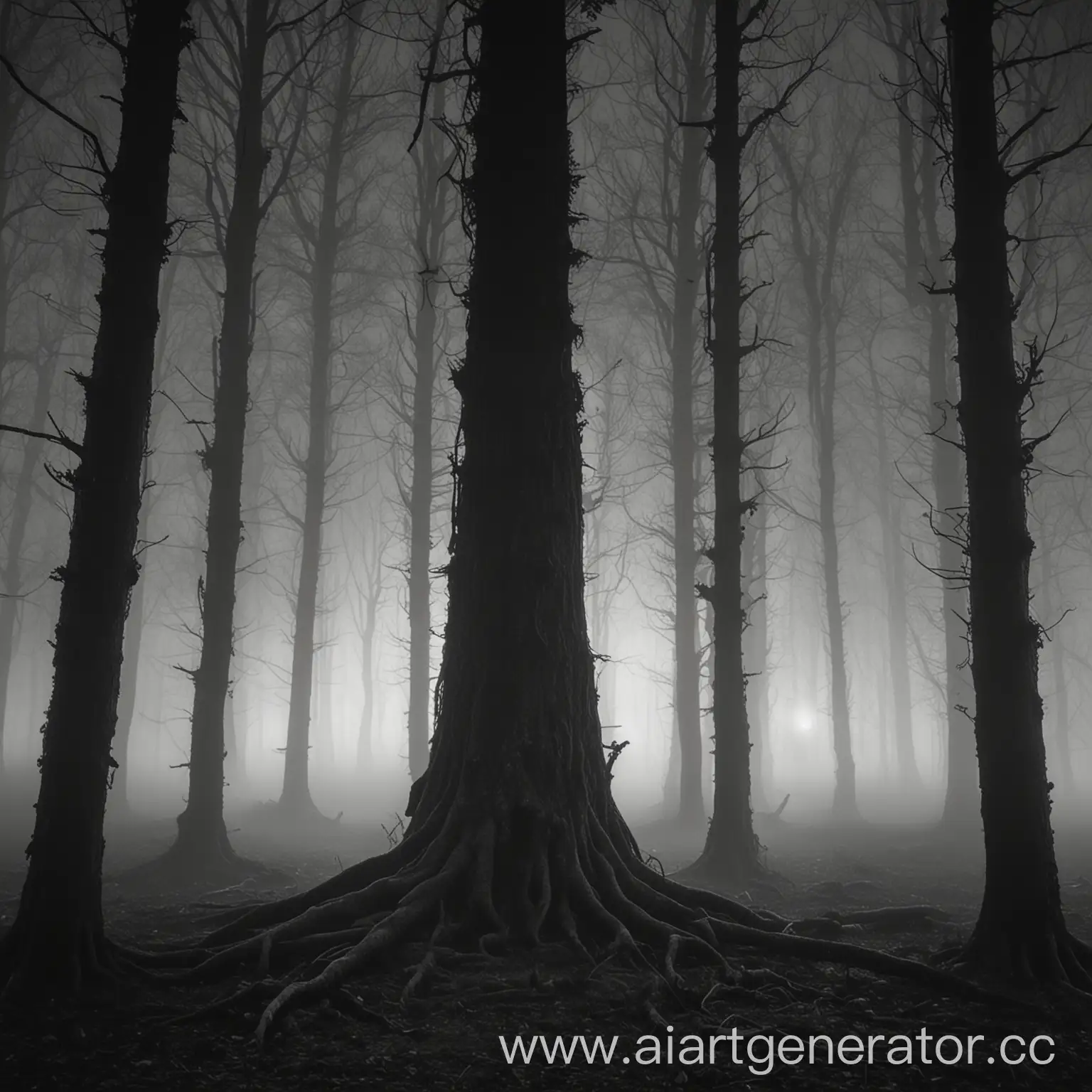 лес ночью, все в тумане, а за деревом виднеется сущность черная