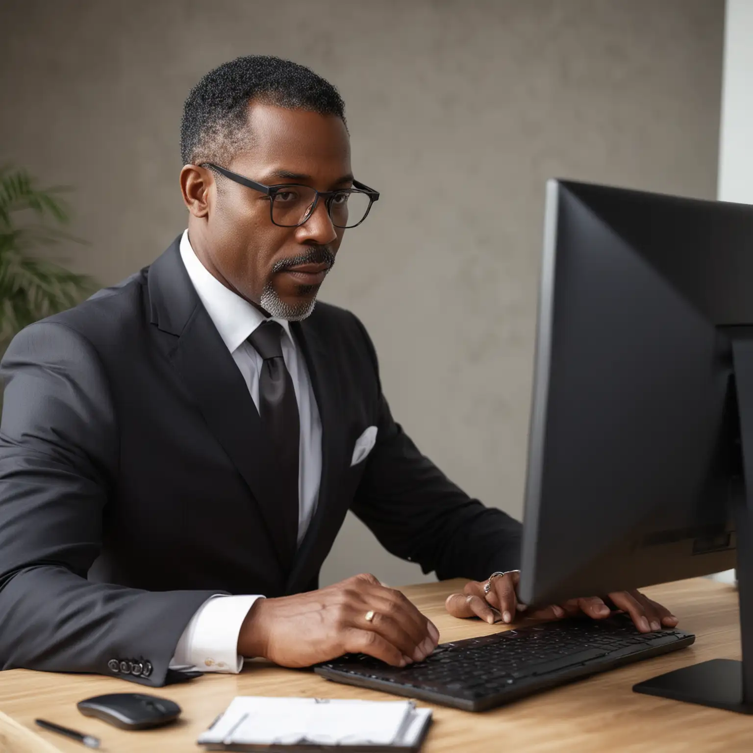 55 year old professional black male in a suite working on a website and looking at the computer