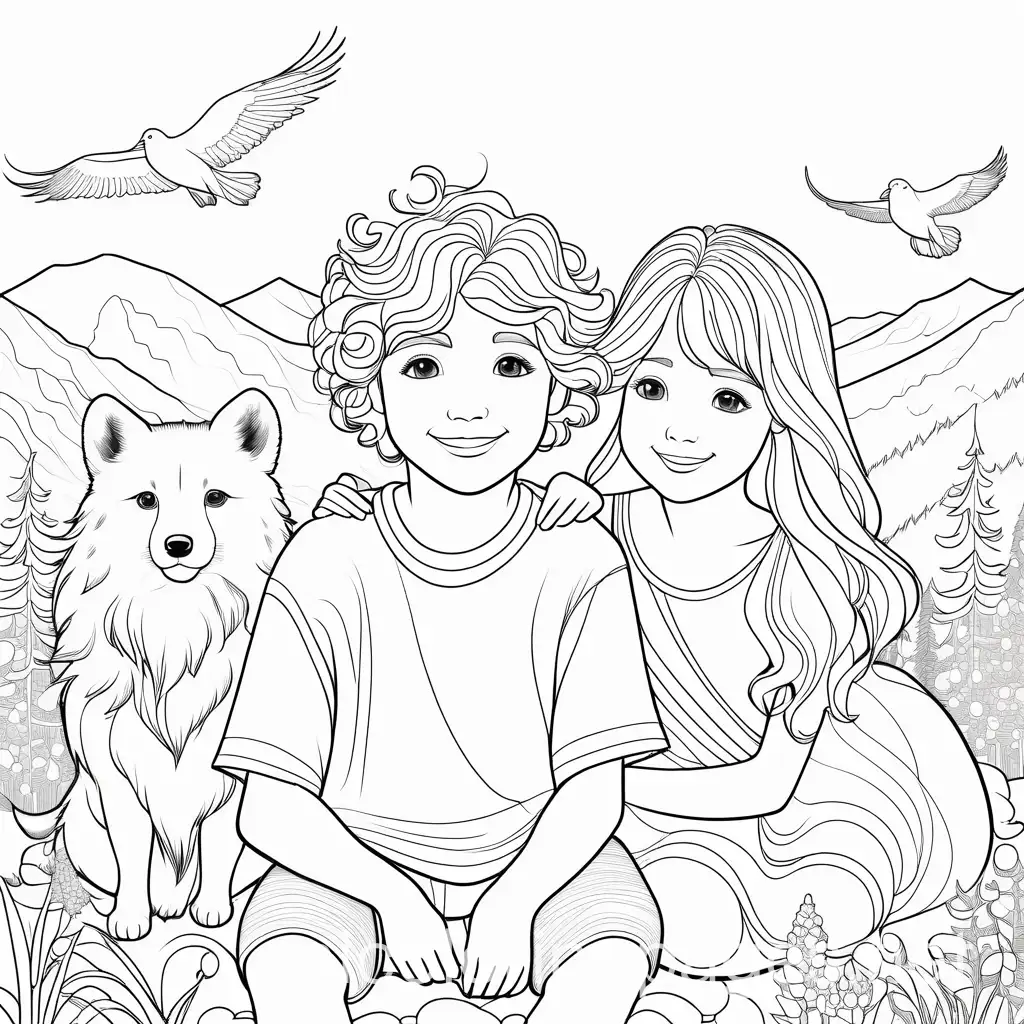 small boy with blonde curly hair and a small girl with long blonde straight hair smiling with animals in the background, Coloring Page, black and white, line art, white background, Simplicity, Ample White Space. The background of the coloring page is plain white to make it easy for young children to color within the lines. The outlines of all the subjects are easy to distinguish, making it simple for kids to color without too much difficulty