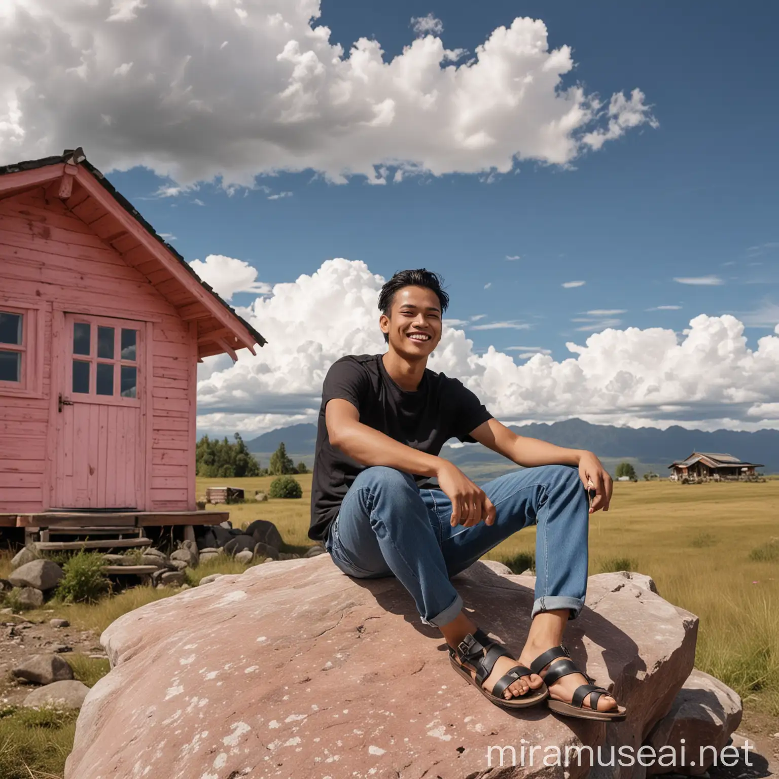 Young Indonesian Man Smiling on Rock with Cloudy Sky and Pink Cabin