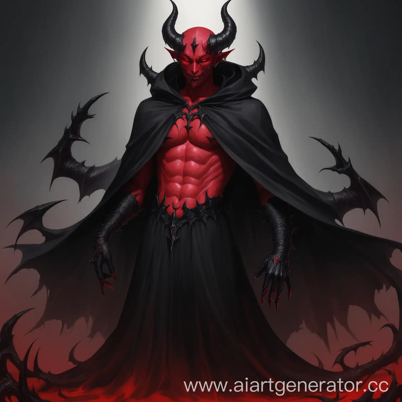 демон с красной кожей и чёрными рогами одетый в чёрный плащ и чёрные перчатки