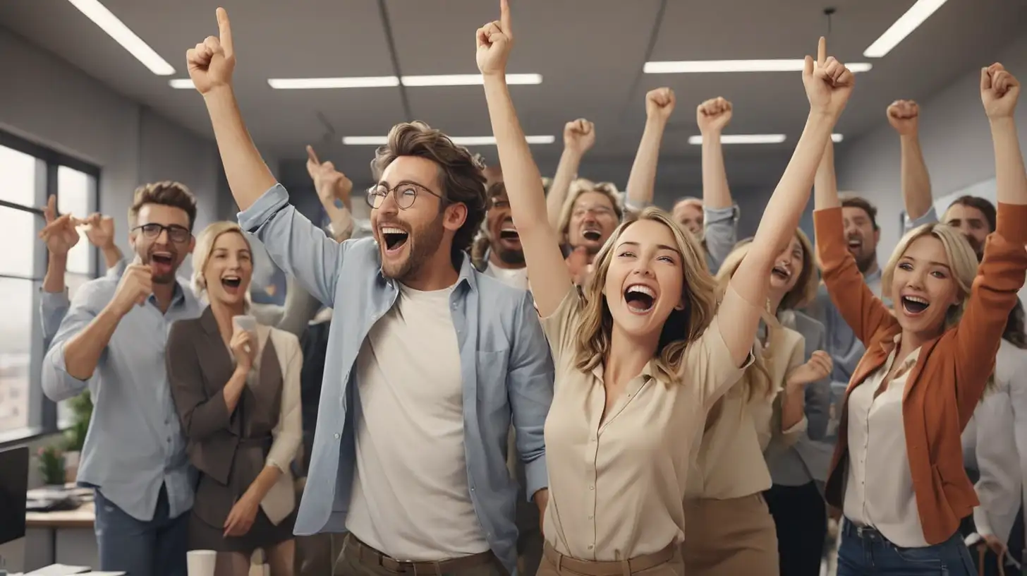 happy people standing and celebrating in an modern office