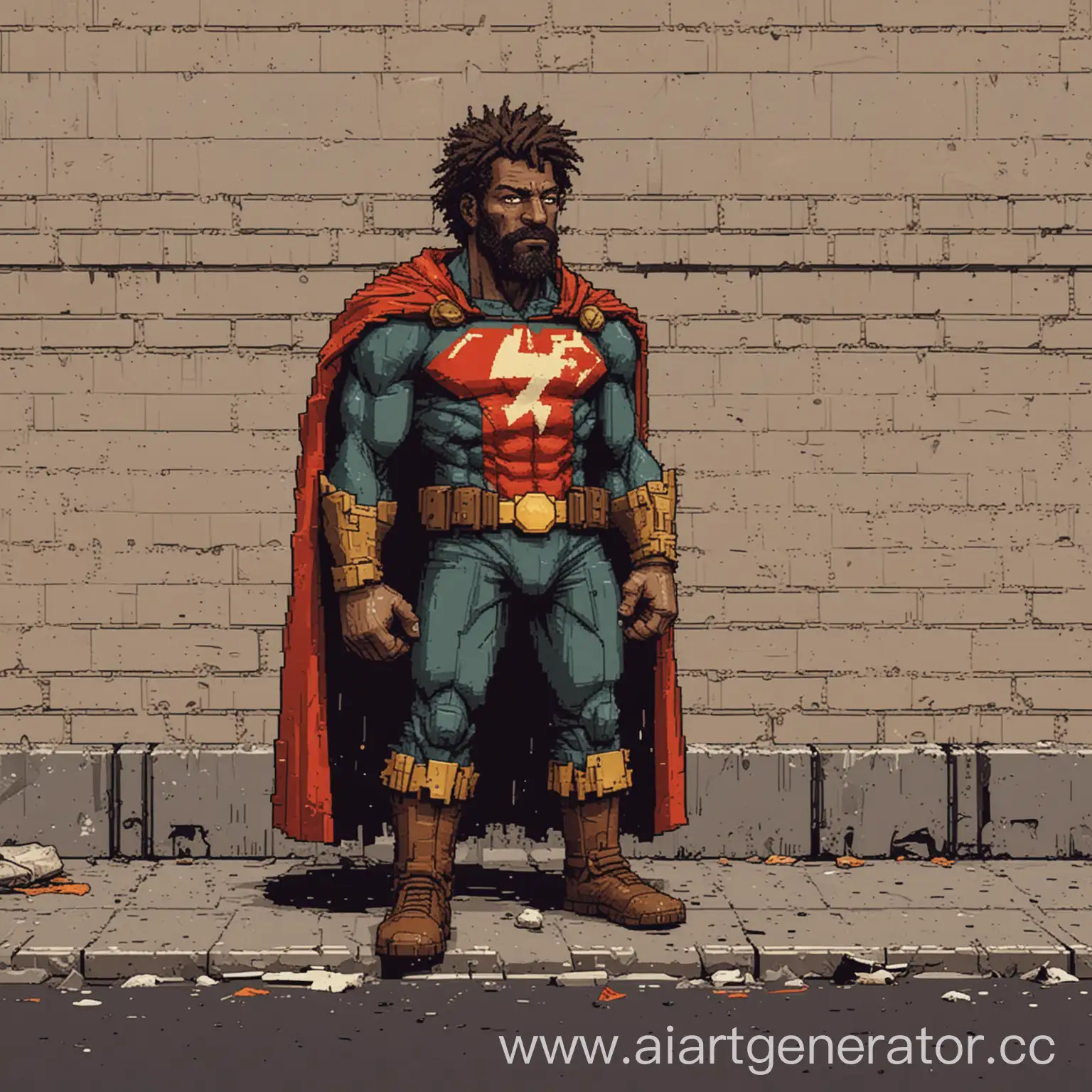 A homeless superhero in the style of pixel art