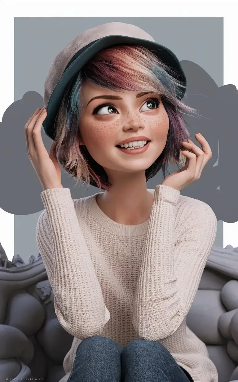 (Clay model, clay material:1.5),(Clay texture, clay texture texture:1.4),(in the style of clay animation, stop motion animation:1.4),solo, realistic, emma stone, in a hat，simple background, looking up, multicolor hair, freckles, sweater, full body, grey background, short hair, white sweater, teeth, black eyes,white shirt, parted lips, messy hair, long sleeves, Clay style，photographed in the style of Wong Kar-wai