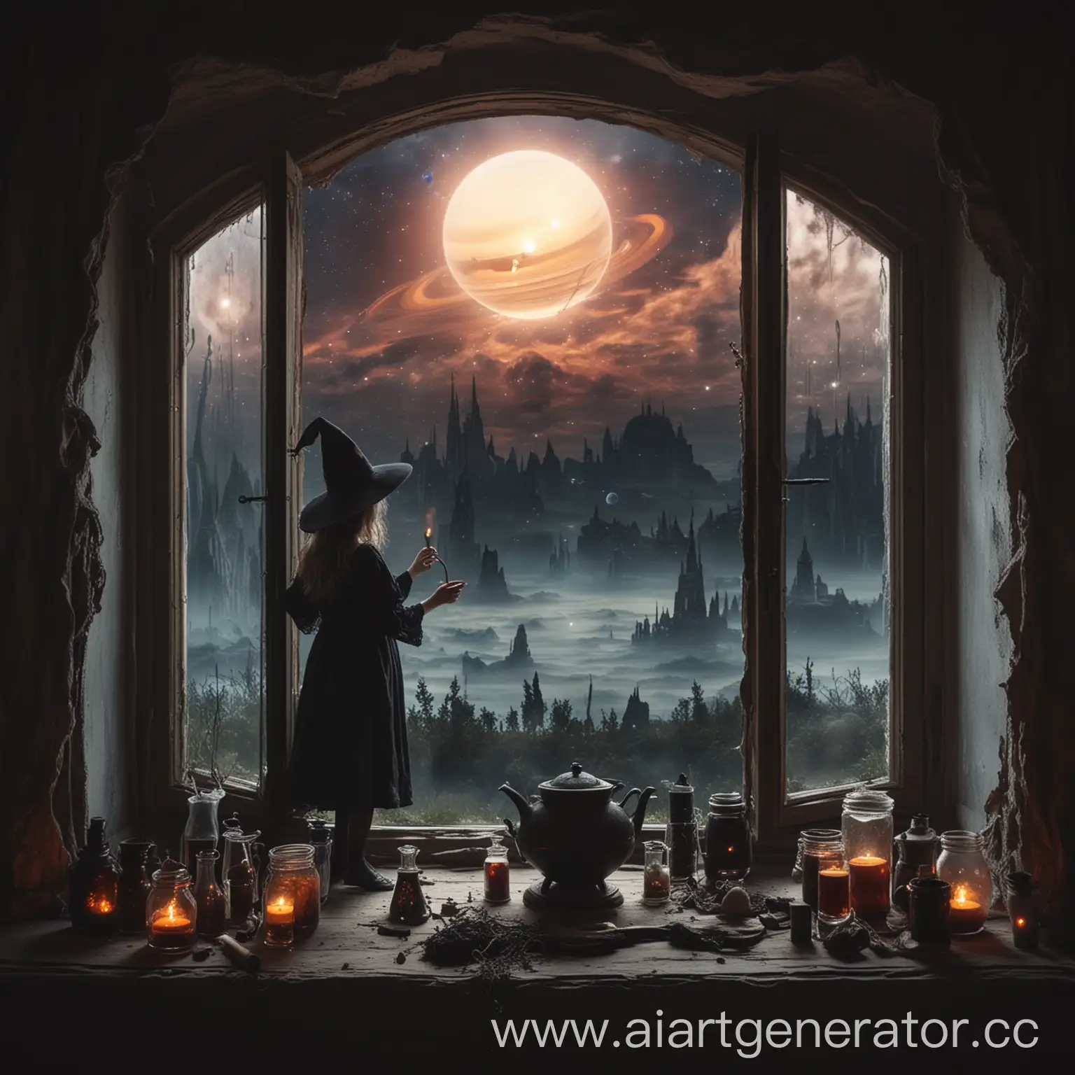 Witch-Brewing-Potion-with-Saturn-at-Window