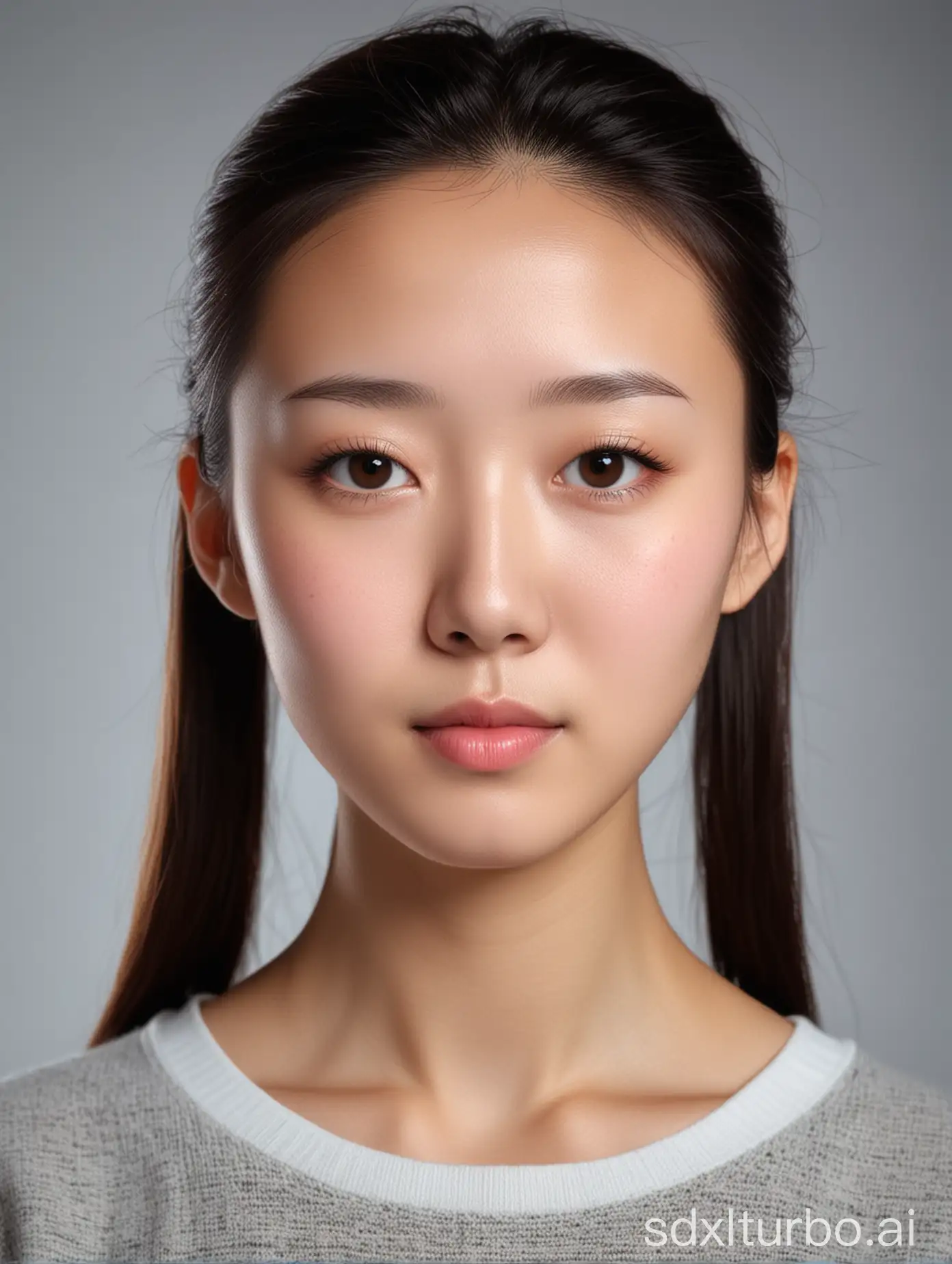 一个中国女生的证件照，露出额头，灯光，白皮肤，年轻，8k