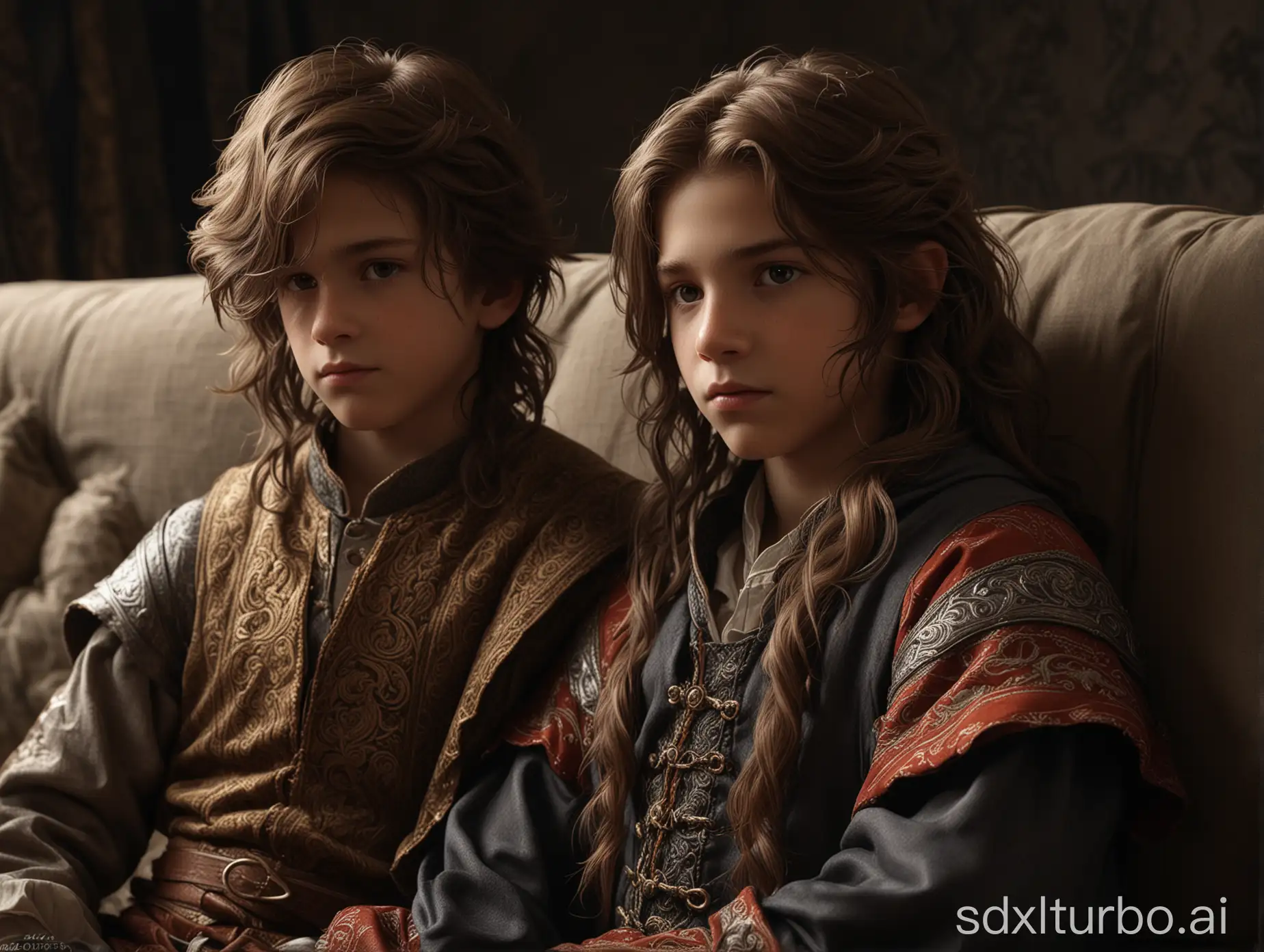 One boy - dark middle long hair, gray eyes, another boy - russet wavy middle long hair, about nine years old, wearing rich medieval clothing, sulking at each other and sitting at ((opposite ends)) of a couch covered in plush, not looking at each other, perfect composition, beautiful detailed intricate insanely detailed octane render trending on artstation, 8 k, photorealistic concept art, soft natural volumetric cinematic perfect light, chiaroscuro, masterpiece, greg rutkowski