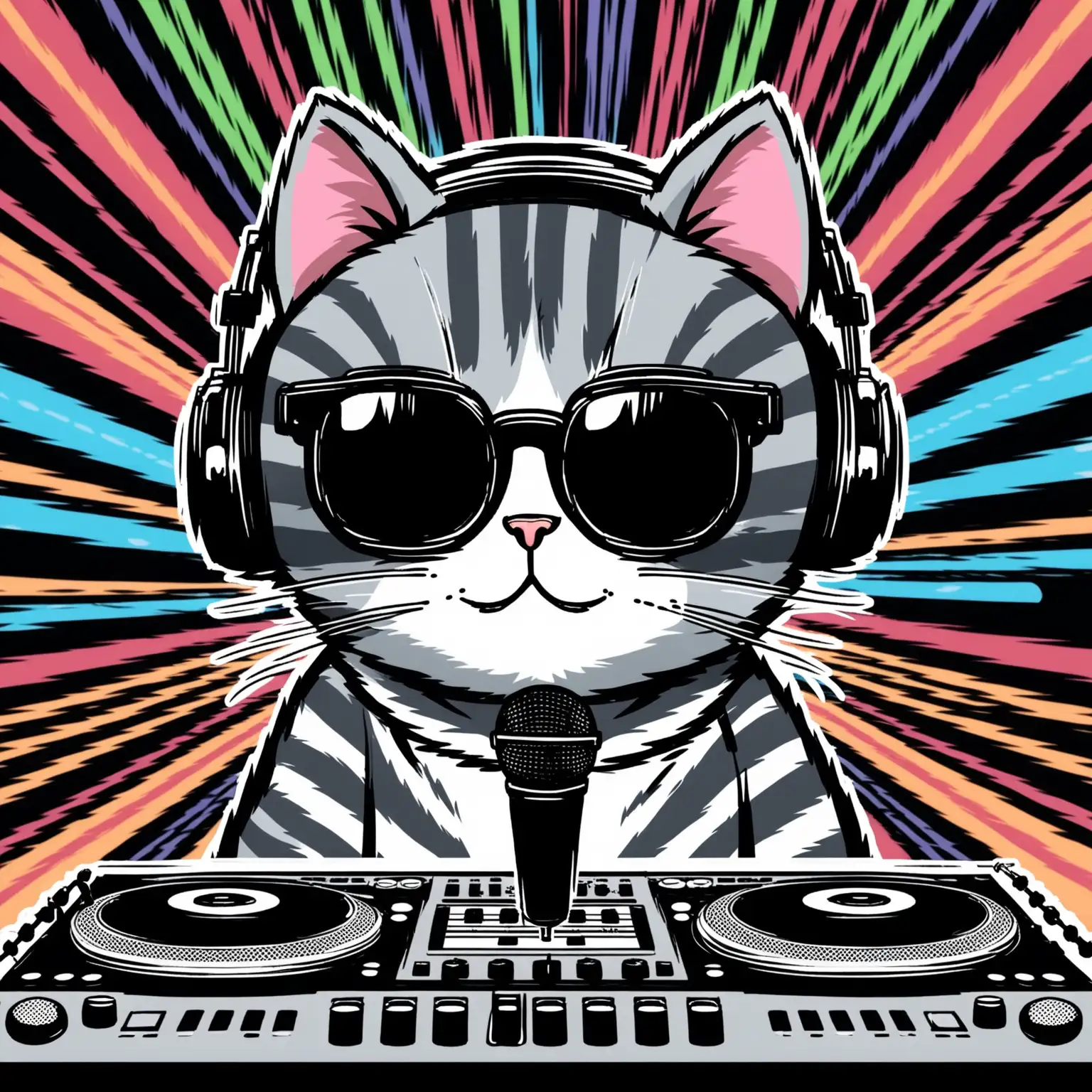 серый полосатый кот диджей в тёмных очках на фоне цветомузыки и с микрофоном в стиле мема