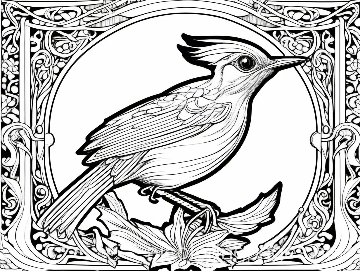 Graphic illustration, Amazon Royal Flycatcher, fantasy, ethereal, beautiful, Art Nouveau, in the style of Jean Baptists Monge, Coloring Page, black and white, line art, white background, Simplicity, Ample White Space. The background of the coloring page is plain white to make it easy for young children to color within the lines. The outlines of all the subjects are easy to distinguish, making it simple for kids to color without too much difficulty