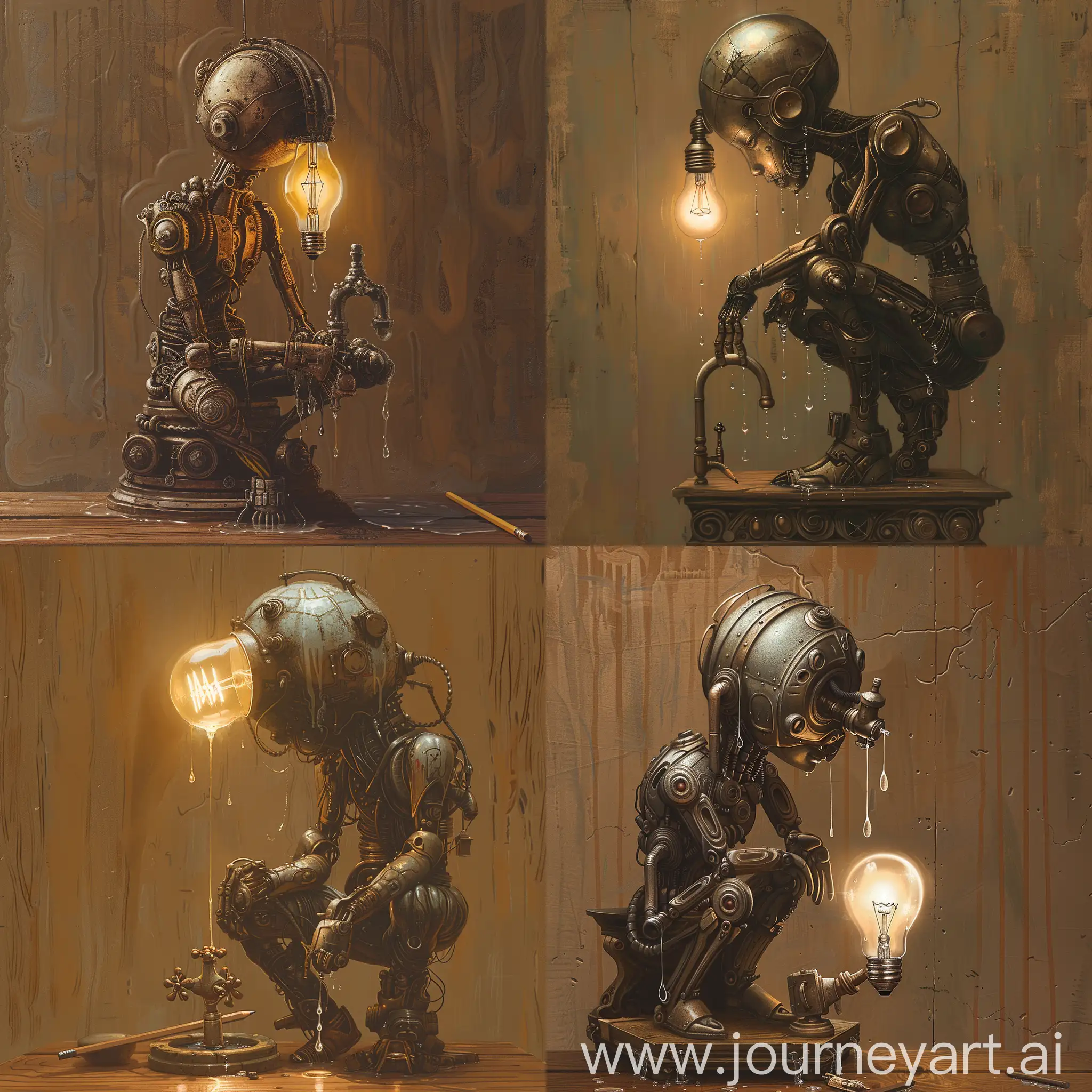 

A captivating dark fantasy illustration featuring an intricately designed metallic figure with a light bulb as its h

ead. The warm glow from the illuminated bulb casts an eerie atmosphere, while the anthropomorphic form, adorned with vintage elements, sits on a decorative base. Clutching a faucet, water droplets drip down, adding to the mysterious ambiance. The muted brown background and wooden surface with a solitary pencil create a sense of antiquity and hint at the figure's potential creative pursuits., architecture, illustration, dark fantasy, painting