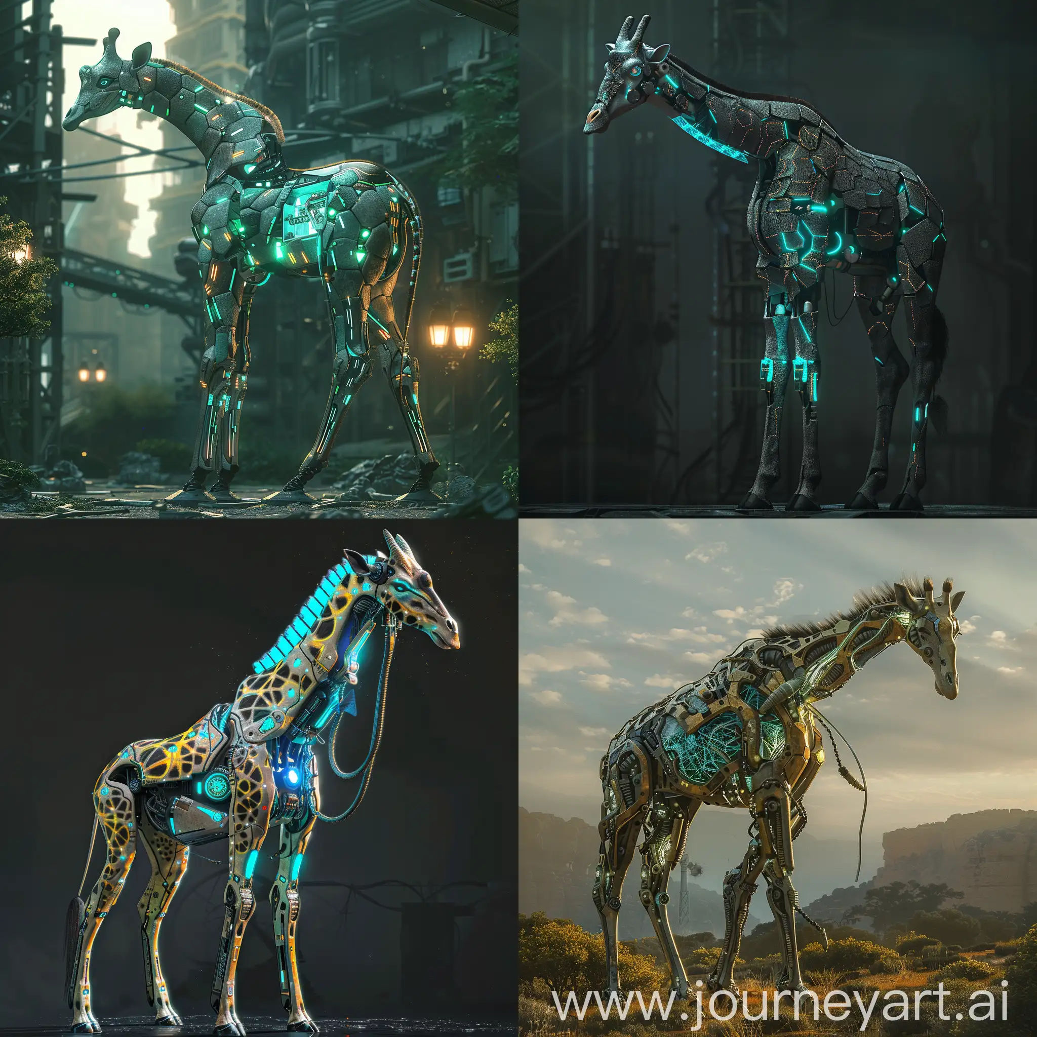Futuristic giraffe, Helium-Filled Osseous Network (Sunshine), Bio-luminescent Mane (Avatar), Nanite-Enhanced Digestion (Attack on Titan), Neural Weather Network (Cloud Atlas), Electromagnetic Neck Muscles (Pacific Rim), Adaptive Camouflage Skin (Predestination), Internal Atmospheric Processor (Arrival), Symbiotic Microbe Colony (Annihilation), Kinetic Energy Harvesting System (Ergo Proxy), Augmented Reality Retina (Black Mirror), Solar Sail Humps (Midsommar), Fractal Patterned Hide (Primer), Modular Leg Attachments (Upgrade), Prehensile Multi-Tool Tail (Altered Carbon), Holographic Projection Horns (Mandy), Wind Turbine Ears (Snowpiercer), Filter-Feathered Snout (Annihilation Shimmer Fringe), Bioluminescent Underbelly (Pi), Cybernetic Eye Patch (Ex Machina), Symbiotic Drone Nest (Arrival Heptapod Pods), unreal engine 5 rendering, 4K-UHD, 8K-UHD, super-hi vision, soft shadows, soft reflections, soft lighting, soft light, soft details, hard shadows, hard shadows, hard reflections, hard lighting, hard lighting, hard details --stylize 1000