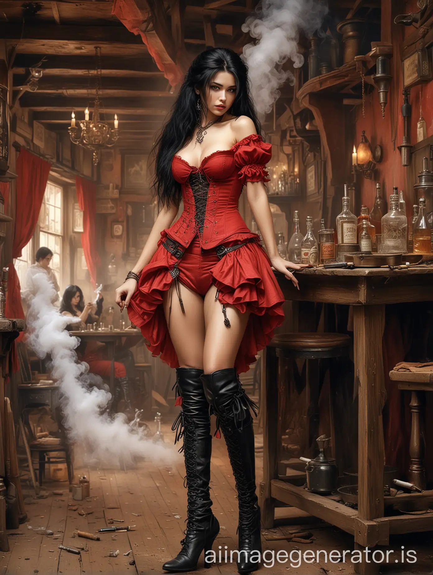 seduction pose and red clothes;  luis royo art, wearing victorian-style boots, woman with long black hair in Victorian era style tavern, air filled with cigarettes smoke in the background