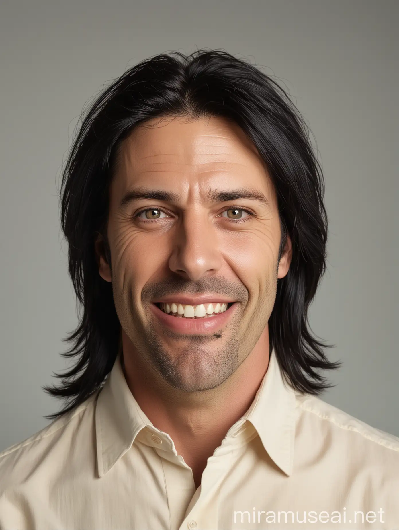 photo of a 45 year old man with long black hair, buck teeth, wearing a cream colored shirt, with symmetrical eyes, in 32k resolution