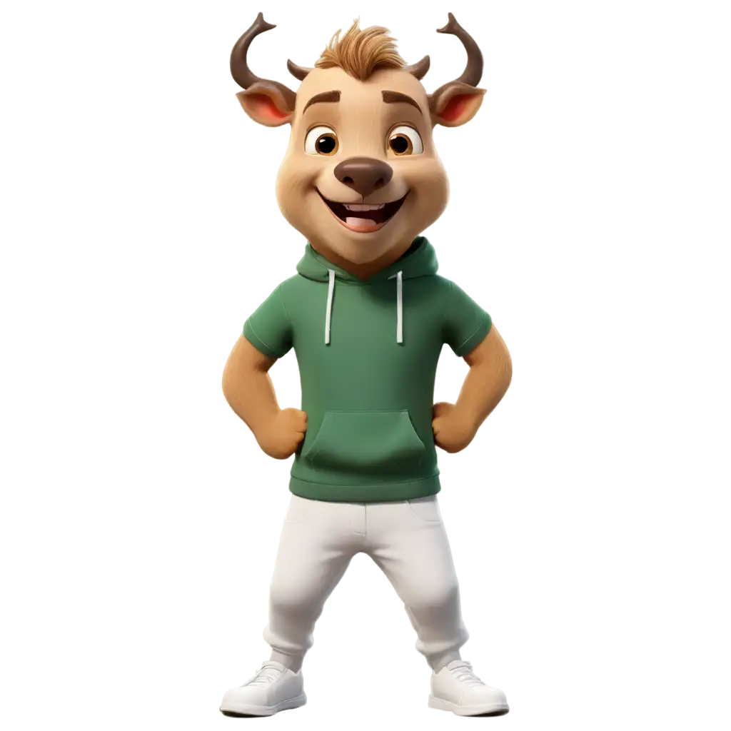 A charming and cool 3D render of a cute mixed bull-bear with brown-blonde pony, wears white sweat pants and dark green vibrant hoodie, white shoes, whole body image, hands out of pockets, looking at the center of the image, warm smile, welcoming posture, detailed and hyper realistic. The background showcases  a wide view of the room that  has full wood floor, a sleek gaming chair behind him2 ultra-high-resolution monitors next to each other displaying vibrant, highly detailed stock charts and and realistic real-time candlestick stock charts,  also a white-blank board next to him fully visible.  The overall atmosphere is both cute and cinematic, reminiscent of a Pixar-quality animation., 3d render
