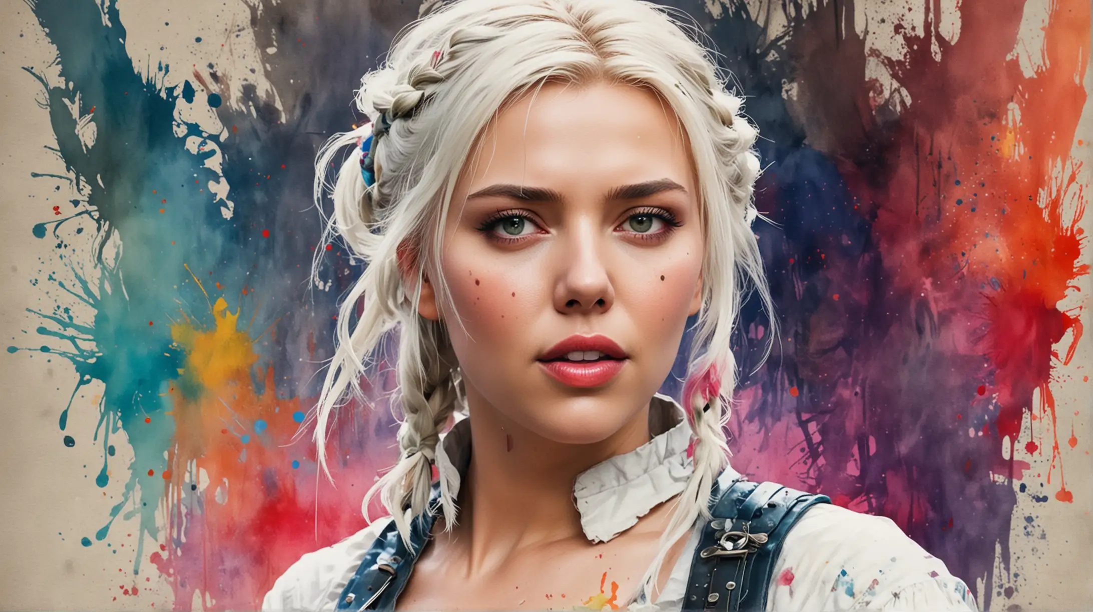 Scarlett Johansson as sexy Ciri of Cintra, pigtails, full length, bright colorful Watercolor Overlay, abstract