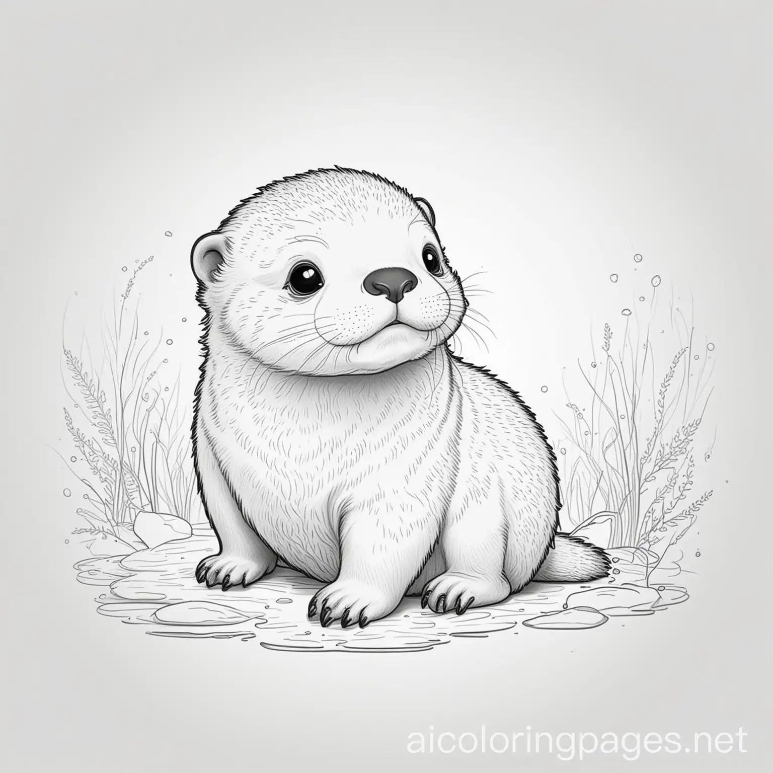 A cute baby otter to color, Coloring Page, black and white, line art, white background, Simplicity, Ample White Space.