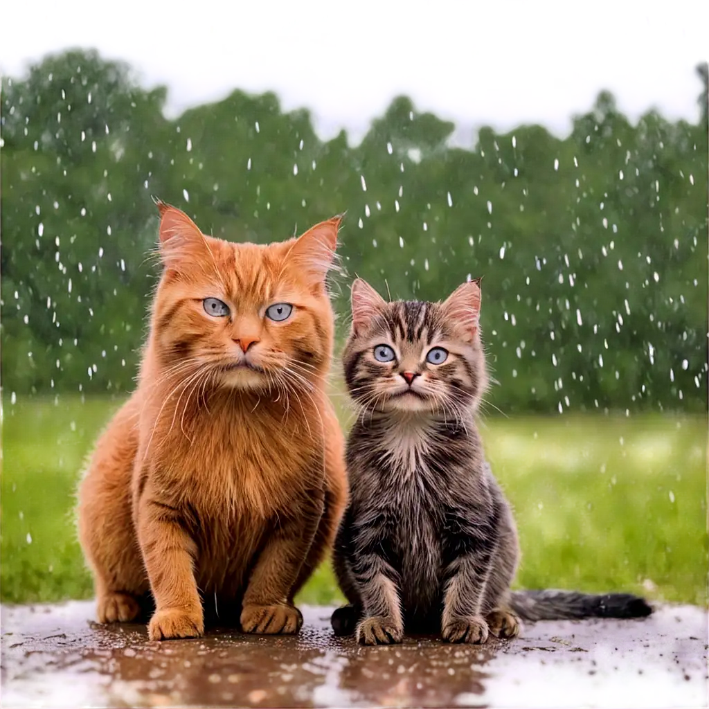 mom and baby cat under raining with great background
